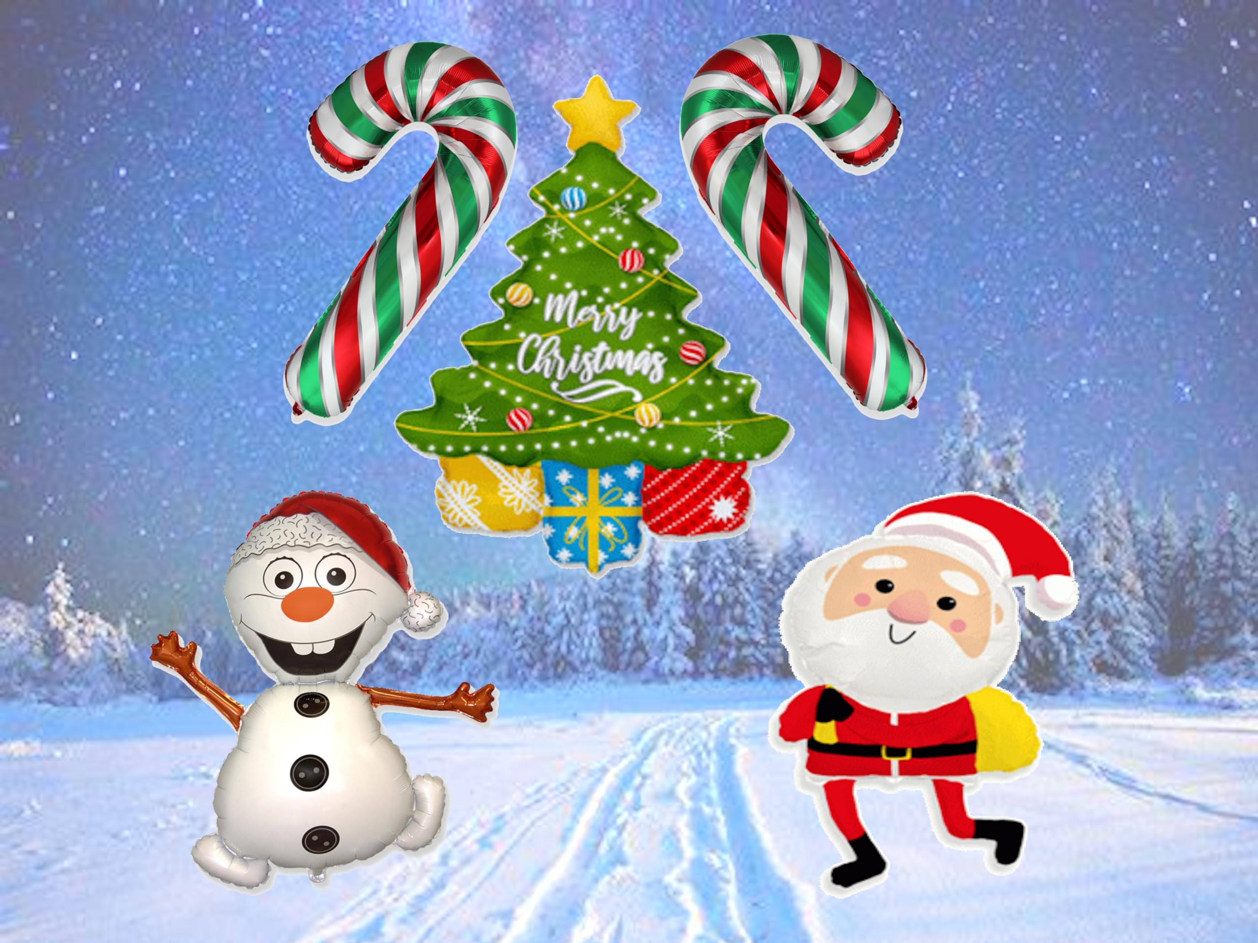 Flexmetal Christmas 5pc Foil Balloon Set Christmas Party Decoration Snowman, Santa, Tree, Candy Cane Balloons XL Large Children's Party Decoration Suitable for Air or Helium