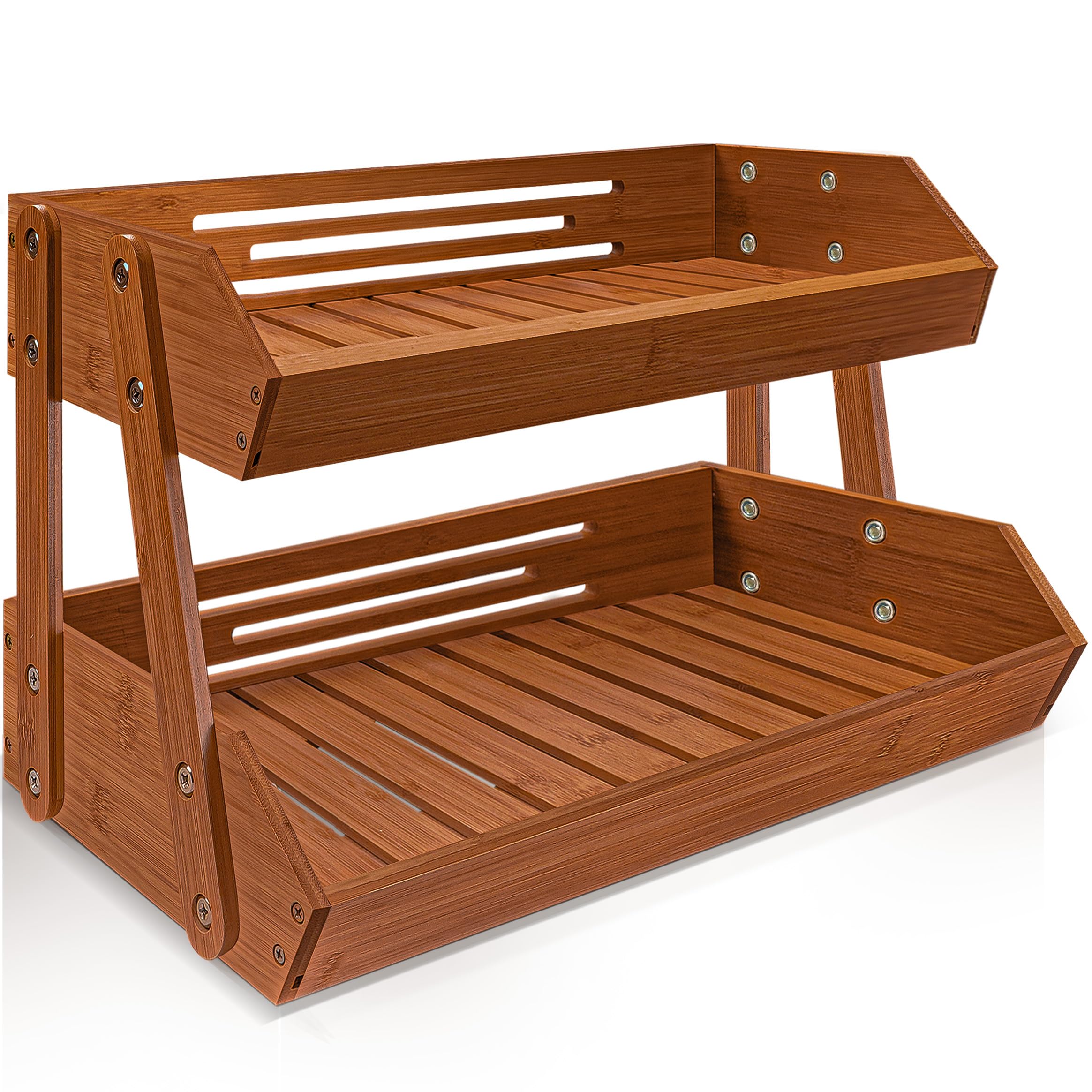 Photo 1 of [Upgraded Length] 16.5-Inch Fruit Stand Storage Holder with 4 Sturdier Legs, 2-Tier Fruit Basket , Bamboo Fruit Bowl Holder for Fruit,Vegetables, Snacks, Home Kitchen Countertop Organizer (Walnut)
