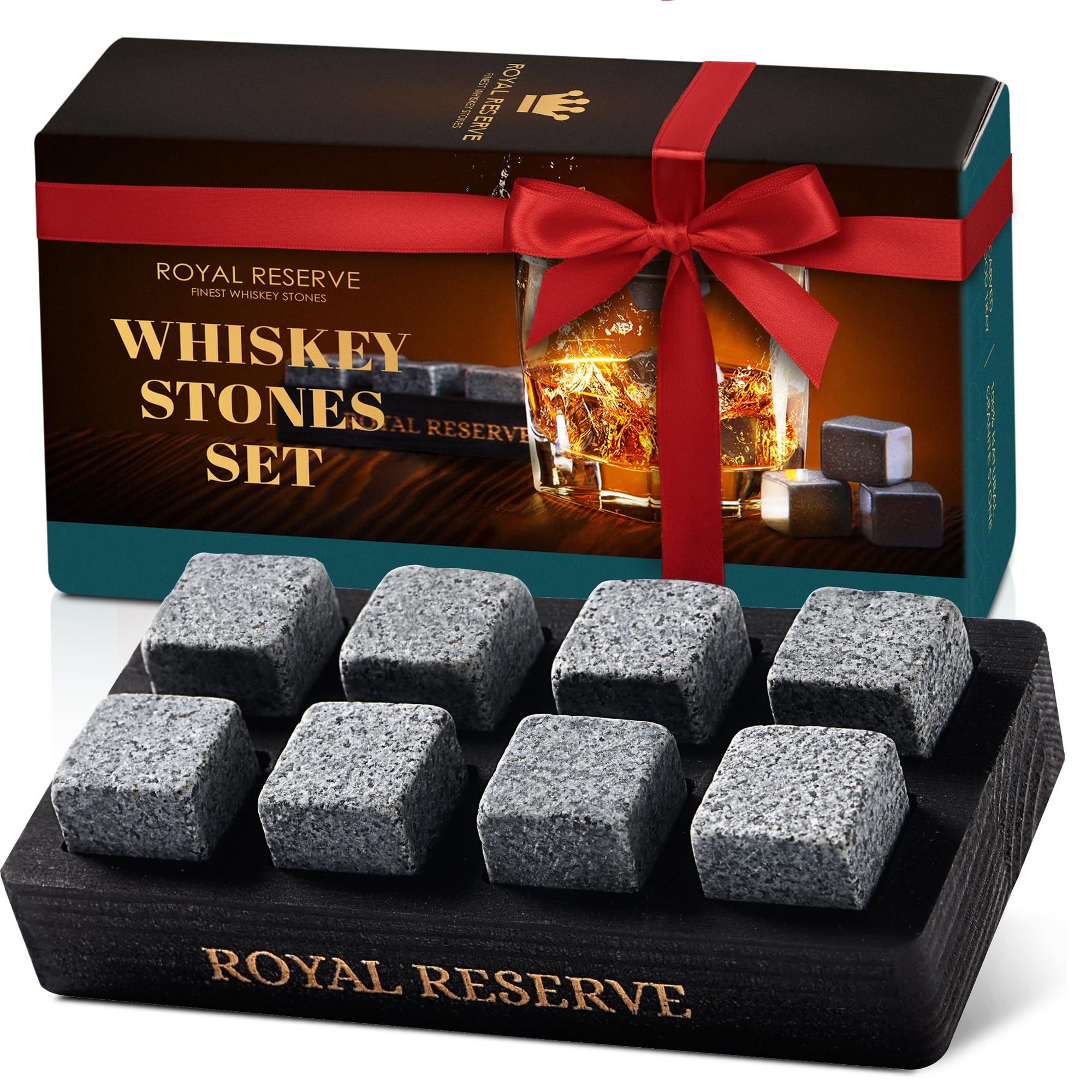 Whiskey Stones Gift Set by Royal Reserve – Artisan Crafted Reusable Chilling Rocks for Scotch Bourbon – Stocking Stuffer for Men - Whiskey Gifts for Husband Guy Dad Boyfriend