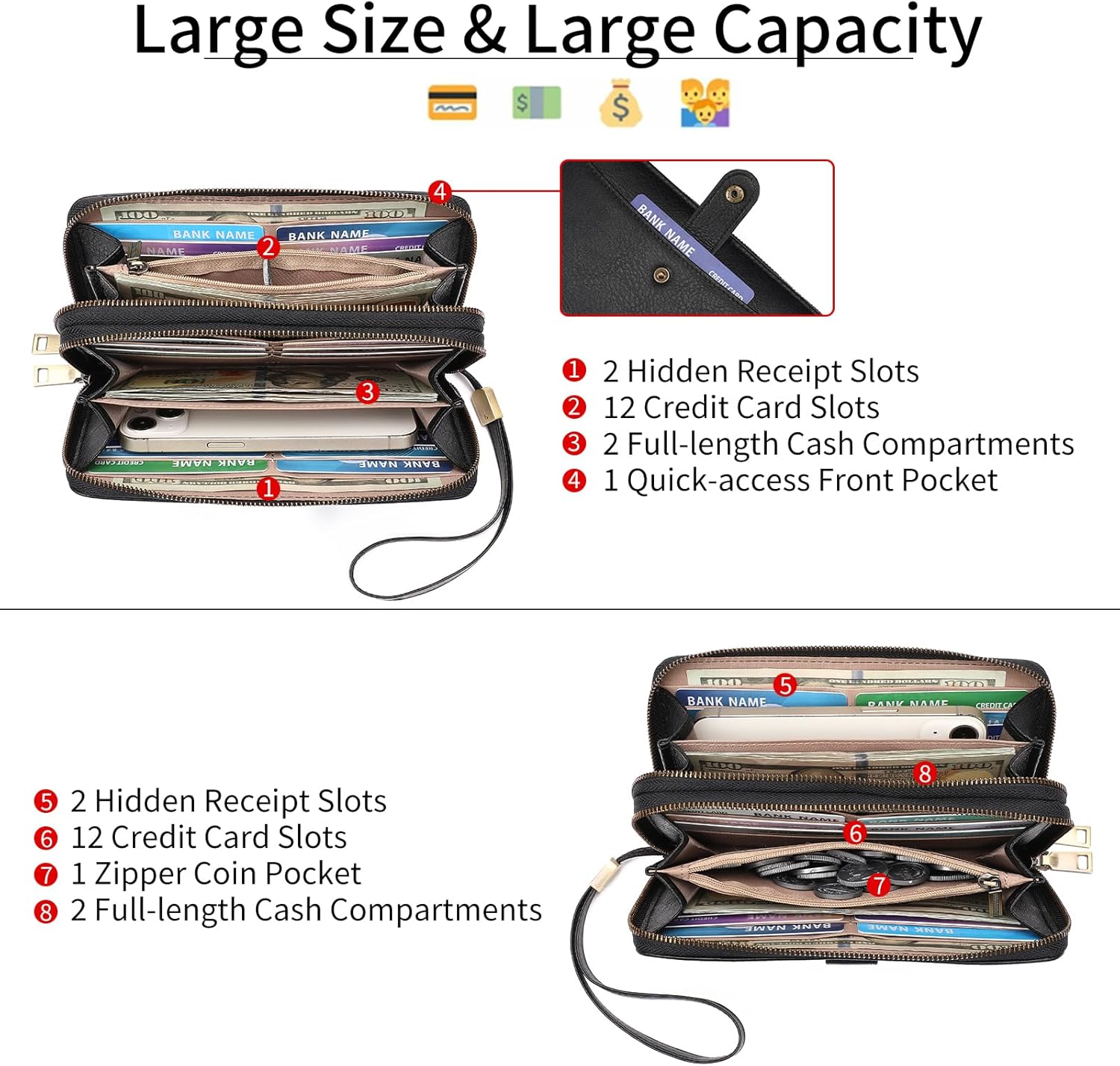 GAEKEAO Womens Wallet Large Capacity Double Zipper Ladies Card Phone Holder RFID Blocking Leather Clutch Wristlet Grip Strap - Image 4