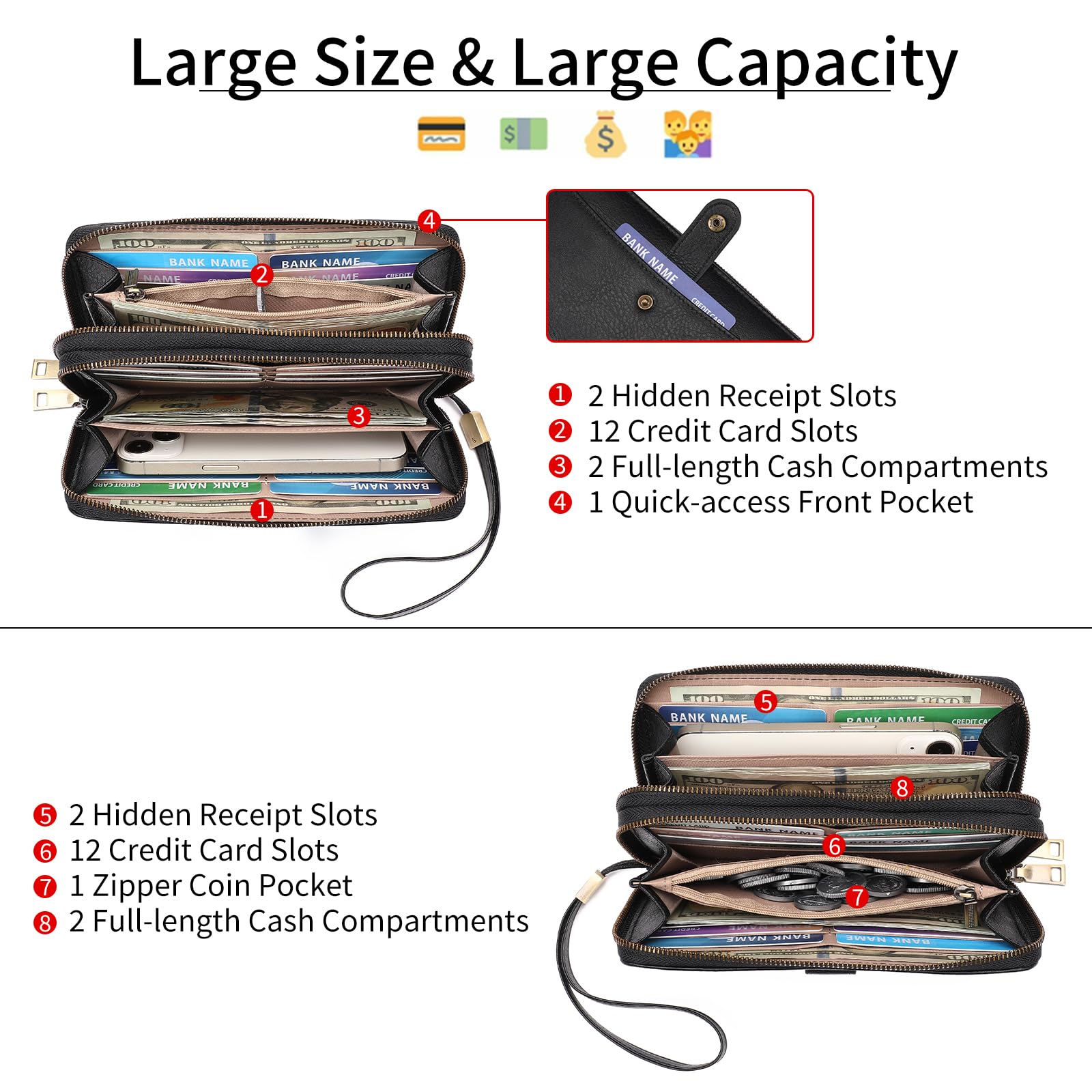 GAEKEAO Portafoglio da donna grande capacità doppia cerniera porta carte da donna porta telefono blocco RFID in pelle pochette cinturino impugnatura