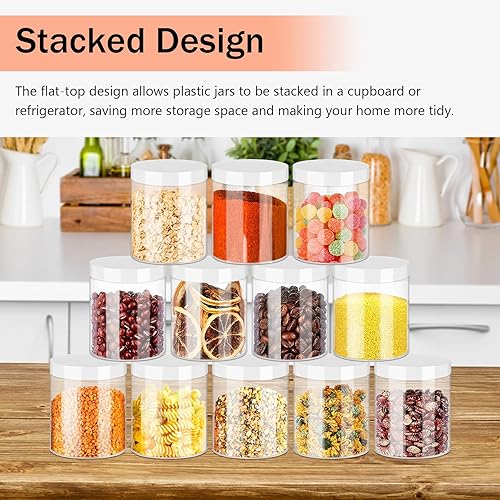 Miniatura 5 de Tarros de plástico de 8 onzas, tarros de plástico transparente para slime, 24 unidades, tarros redondos vacíos con tapas blancas, apilables,