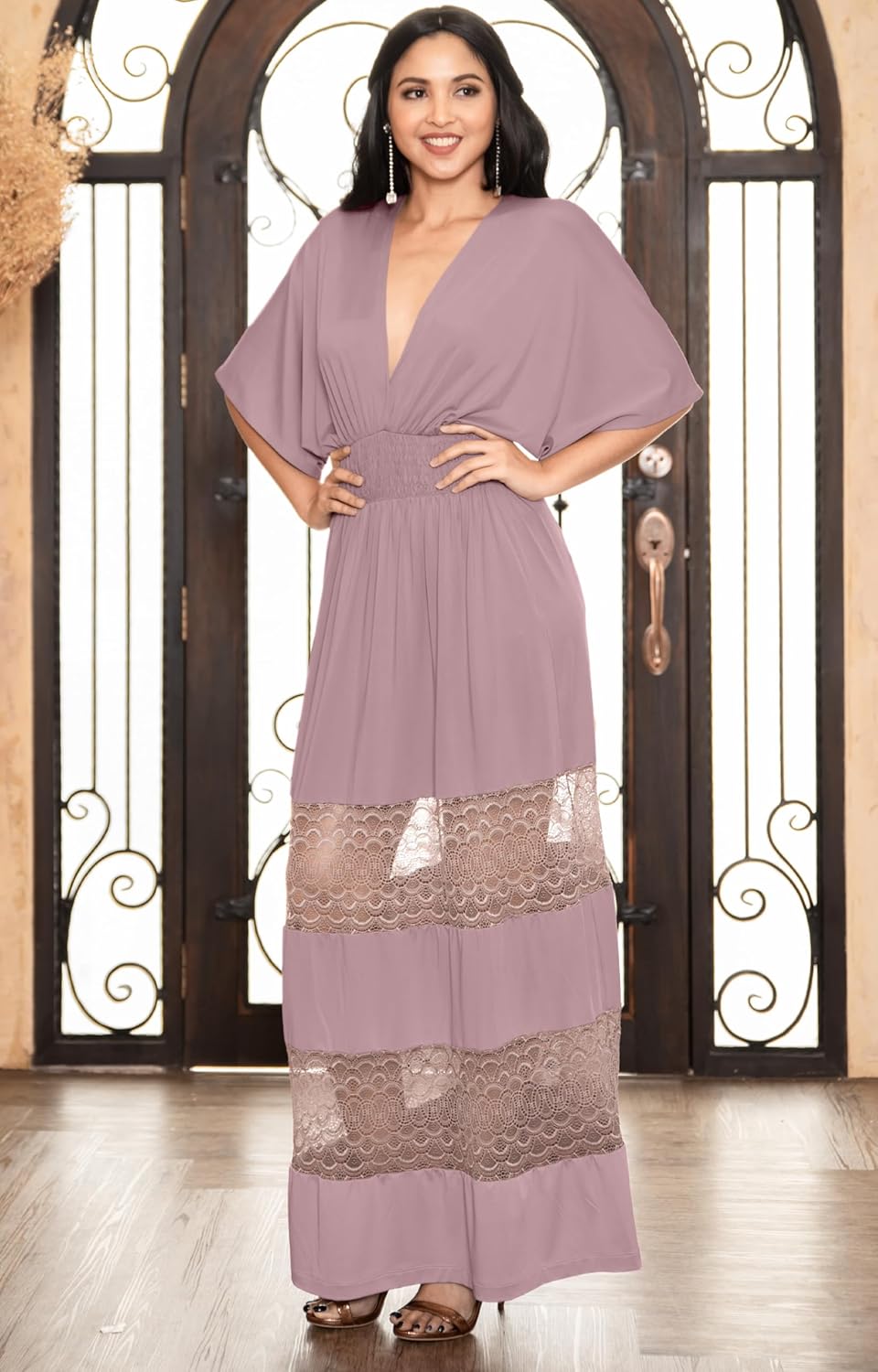 KOH KOH Womens 2026 Sexy Summer V-Neck Half Sleeve Layered Lace Maxi Dress - Image 3