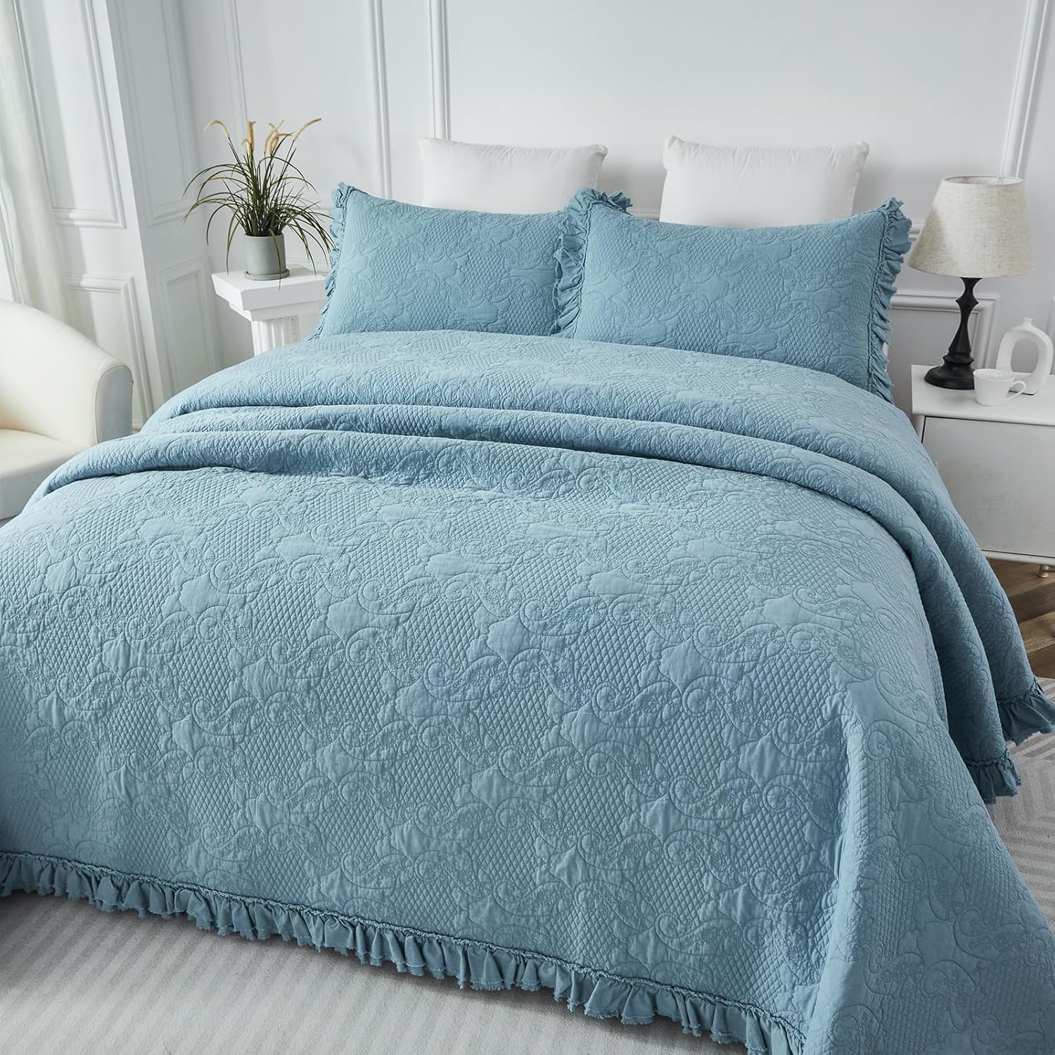 Brandream Queen Size Quilt Set Cotton Blue Quilts Shabby Chic Bedding Paisley Matelasse Coverlet Set Ruffle Bedspreads 3-Piece - Image 5