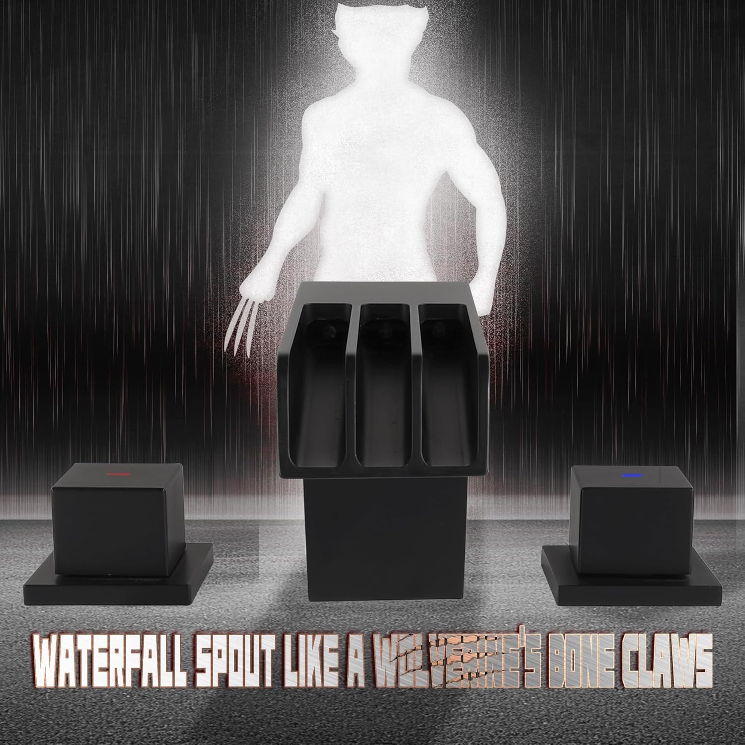 SKOWLL Bathroom Waterfall Faucet 2 Handle LED Faucet Deck Mount 8 Inch Widespread Lavatory Faucets with 3 Hole, Wolverine's Claws Design, 3 Waterfall Flow, Matte Black