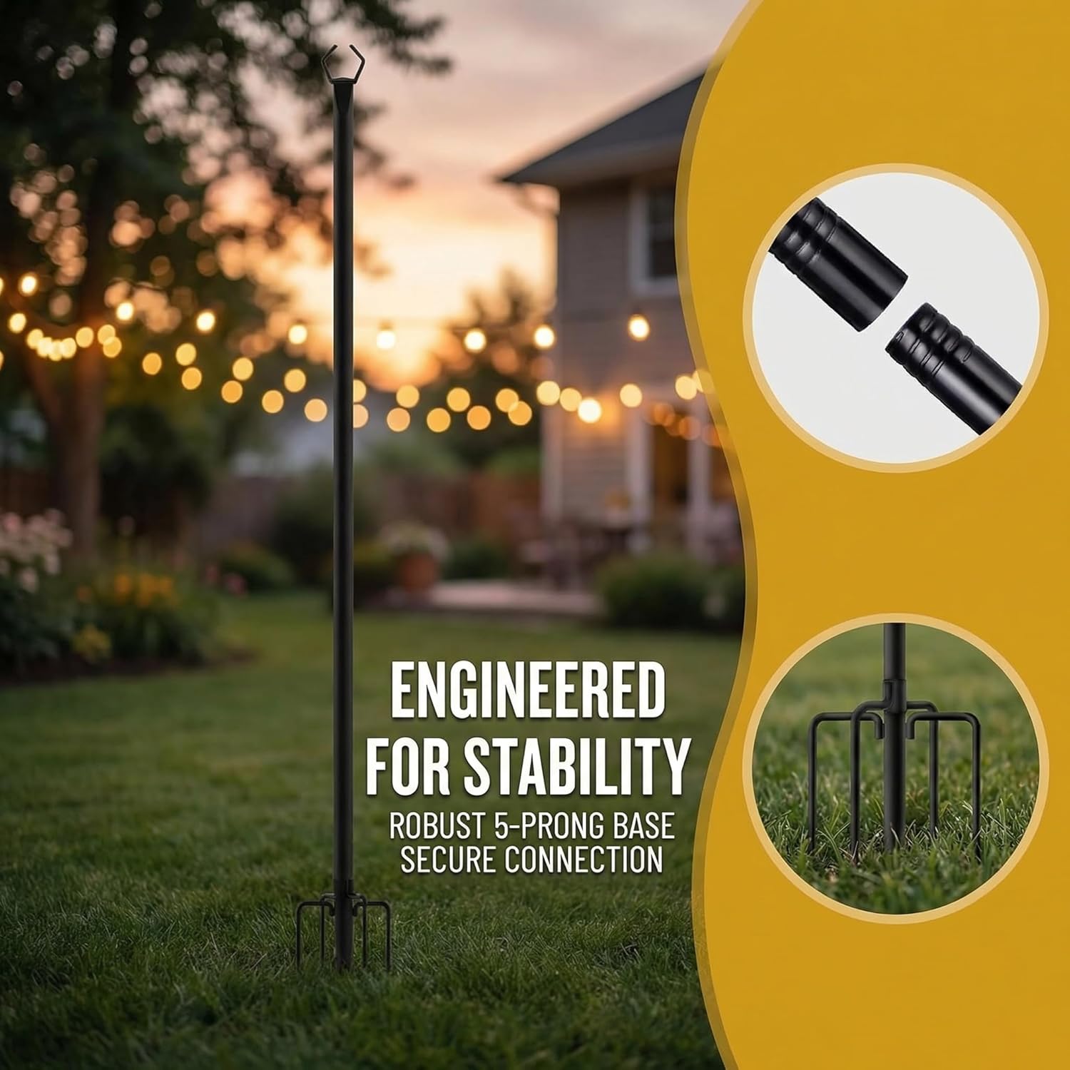 9FT Outdoor String Light Poles (6 Pack), Heavy Duty Adjustable String Light Pole, Waterproof Metal Pole for Outside Patio Garden Deck, Holds String Lights, Flags & Decorations (Black)