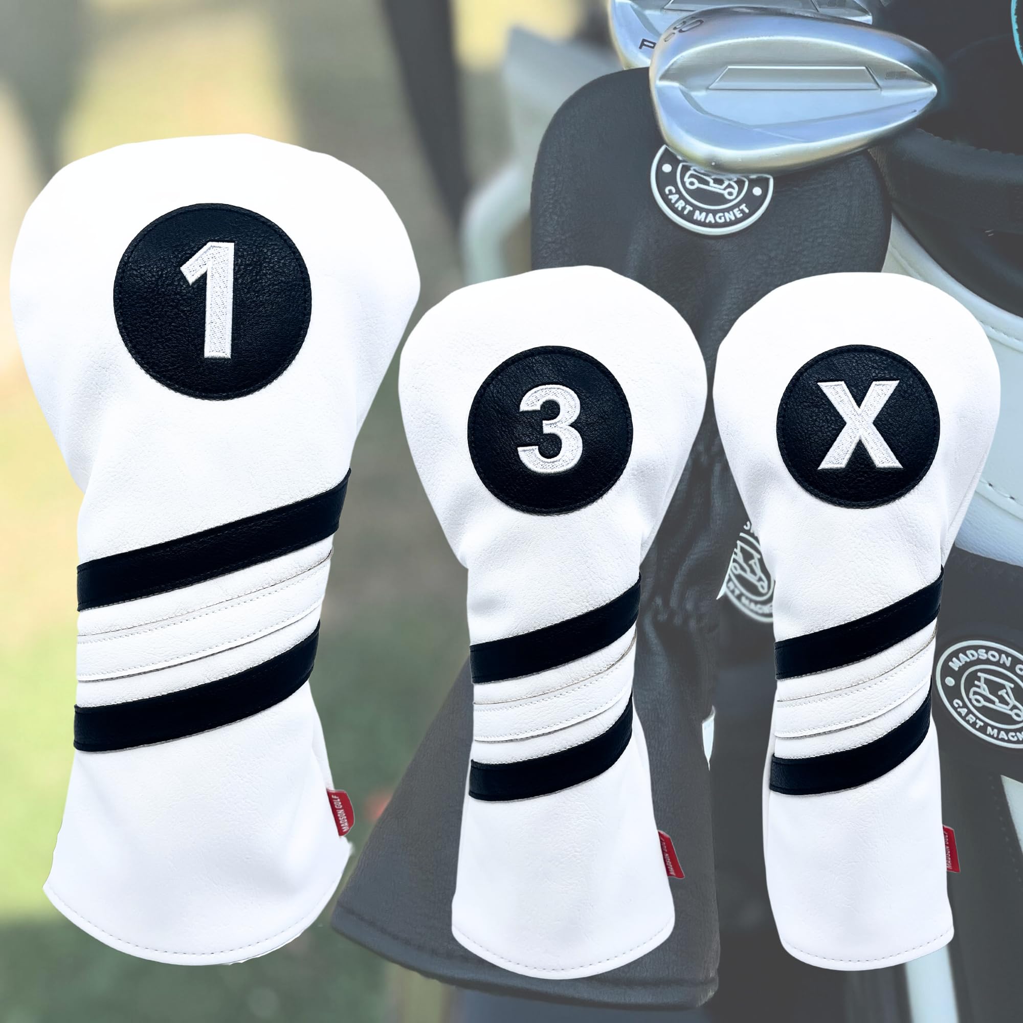 Madson Golf Cart Magnet Headcovers 3 Pack Set, Club Head Covers for Driver, Fairway Wood, Hybrid Golf Clubs, with Rubber Magnet for Secure Positioning