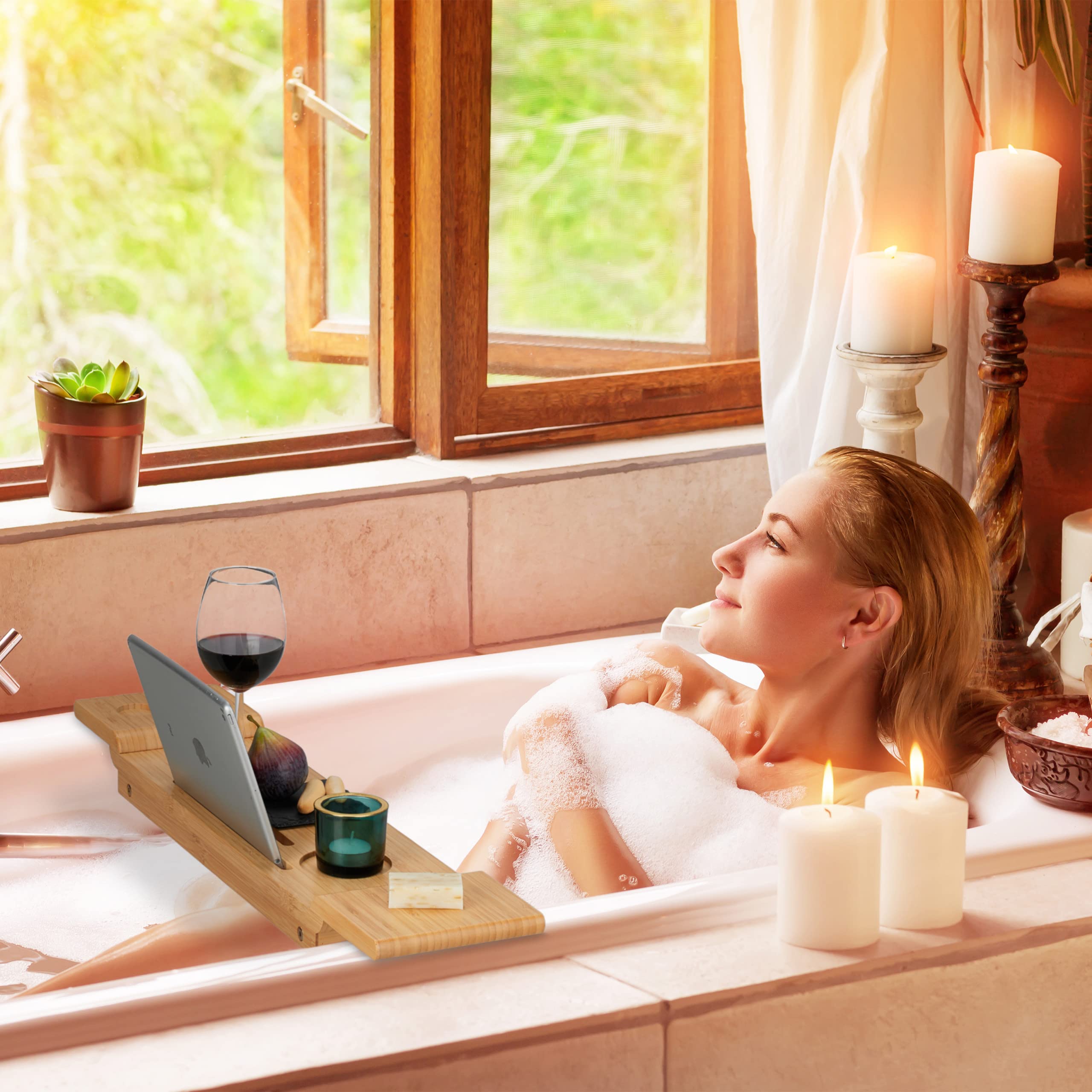 Relaxdays Plateau de Baignoire, en Bambou, Largeur : 70 cm, Pont pour Verre, téléphone, Tablette, à accrocher, Nature