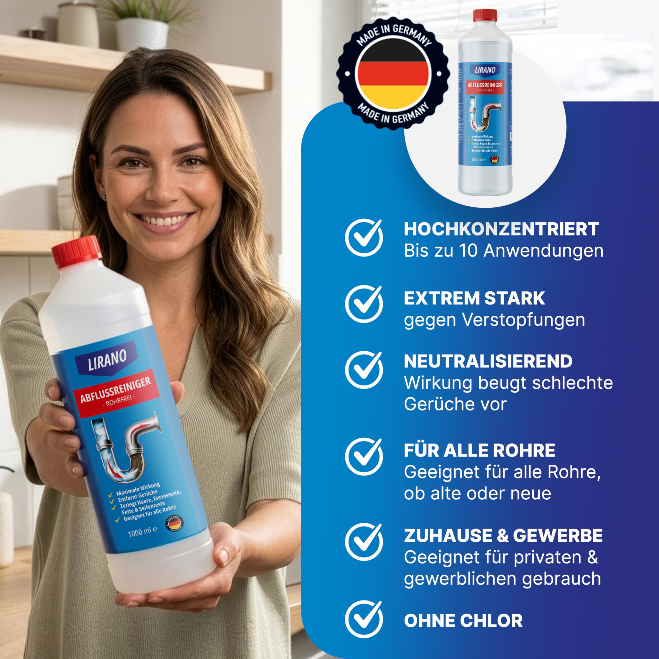 Rohrfrei, Abflussreiniger EXTRA STARK in Profi-Qualität – 1L – löst Haare, Speisereste & hartnäckigsten Rohrverstopfungen – neutralisiert unangenehme Gerüche - biologisch abbaubar - Made in Germany