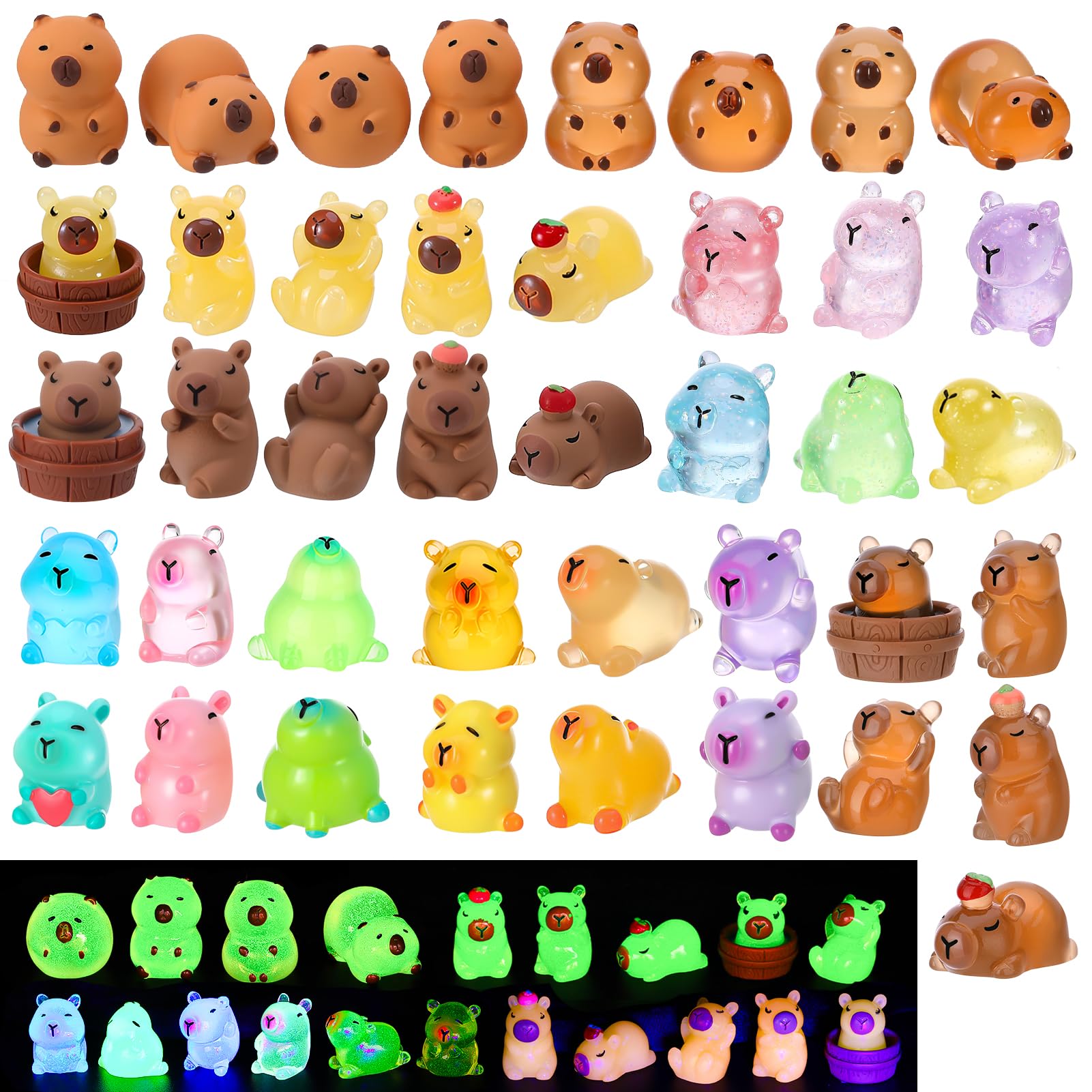 GSrenyu 41 Pcs Mini Resin Capybara Figurines, Glow in The Dark Tiny Animals Miniature Resin Animals for DIY Crafts, Desk Decor, Fairy Garden, Micro Landscape, Party Favors, Kids Toys