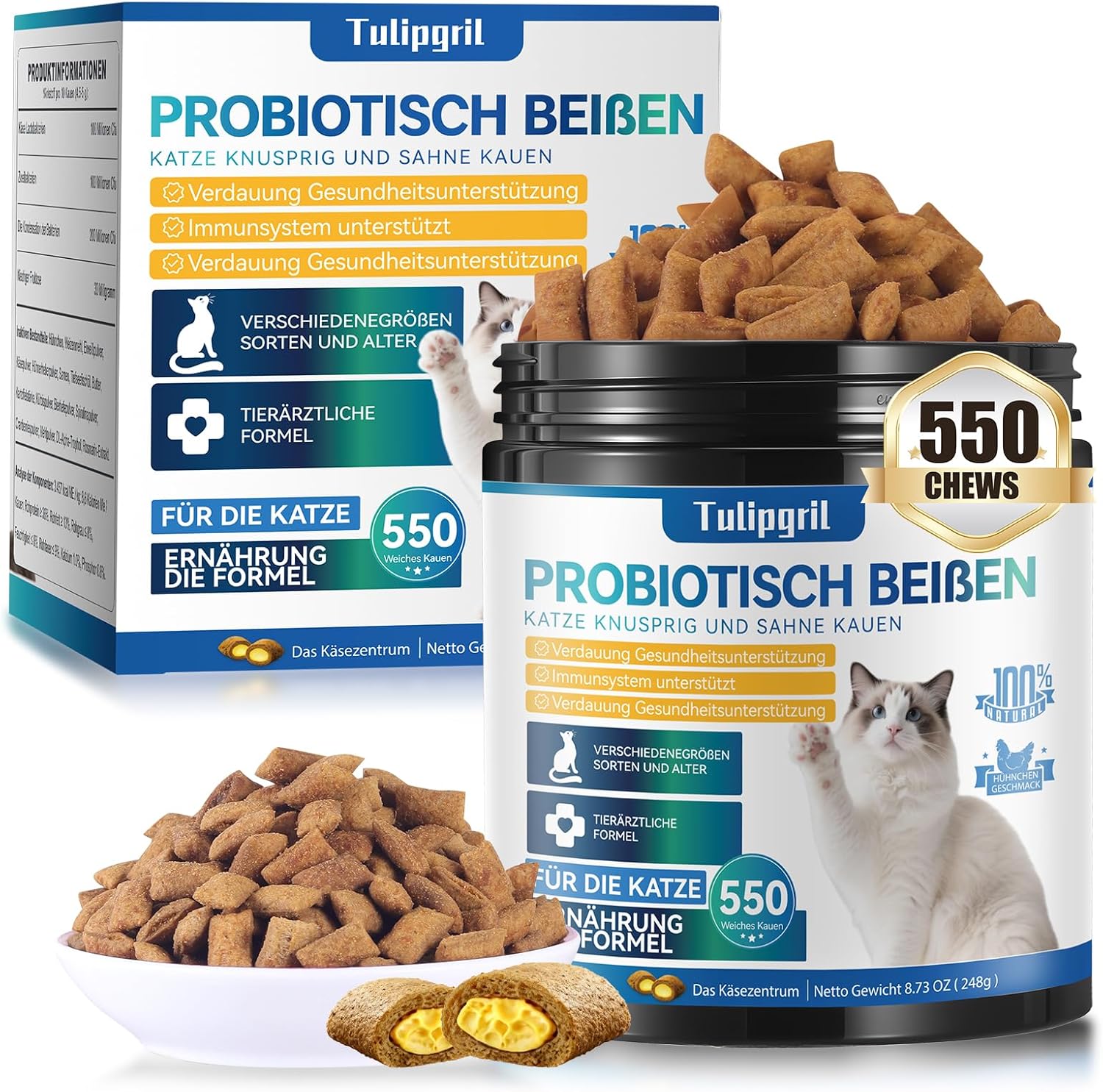 Cat Probiotics Chews for Digestive Health-550 Count with Digestive Enzymes & Prebiotics – Supports Gut Health, Reduces Diarrhea & Bad Breath – Tasty Chicken Flavor Soft Treats for Cats & Kittens