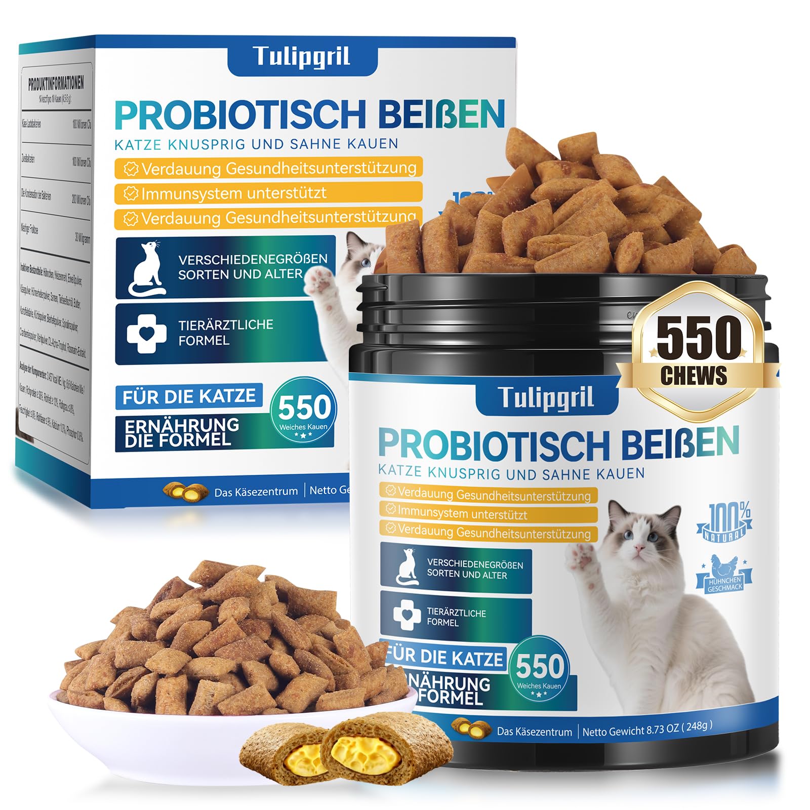 Katzen-Probiotika-Kautabletten für die Verdauungsgesundheit – 550 Stück mit Verdauungsenzymen & Präbiotika – Unterstützt die Darmgesundheit, Reduziert Durchfall & Mundgeruch – Schmackhafte