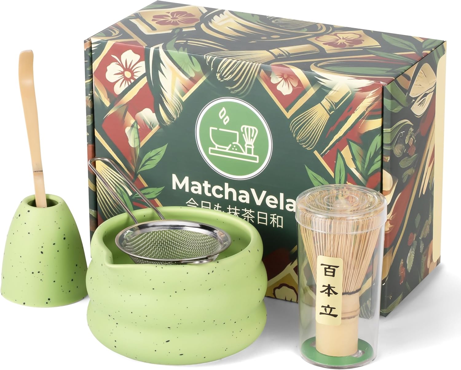 MATCHAVELA® Matcha Whisk Set - 5 Pcs | Complete Japanese Matcha Tea Making Kit | Ceramic Bowl & Whisk Holder, Bamboo Whisk & Scoop, Stainless Steel Sifter | Perfect Matcha Starter Kit Gift Set - Green