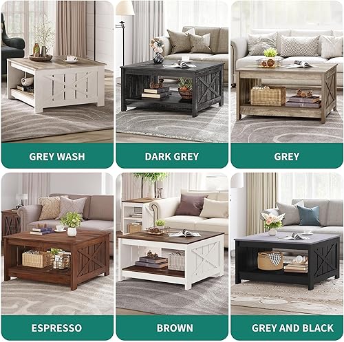 Miniatura 39 de YITAHOME Mesa de centro de granja con almacenamiento, mesa de cóctel de madera rústica, mesas de centro cuadradas para sala de estar, sala de Gris