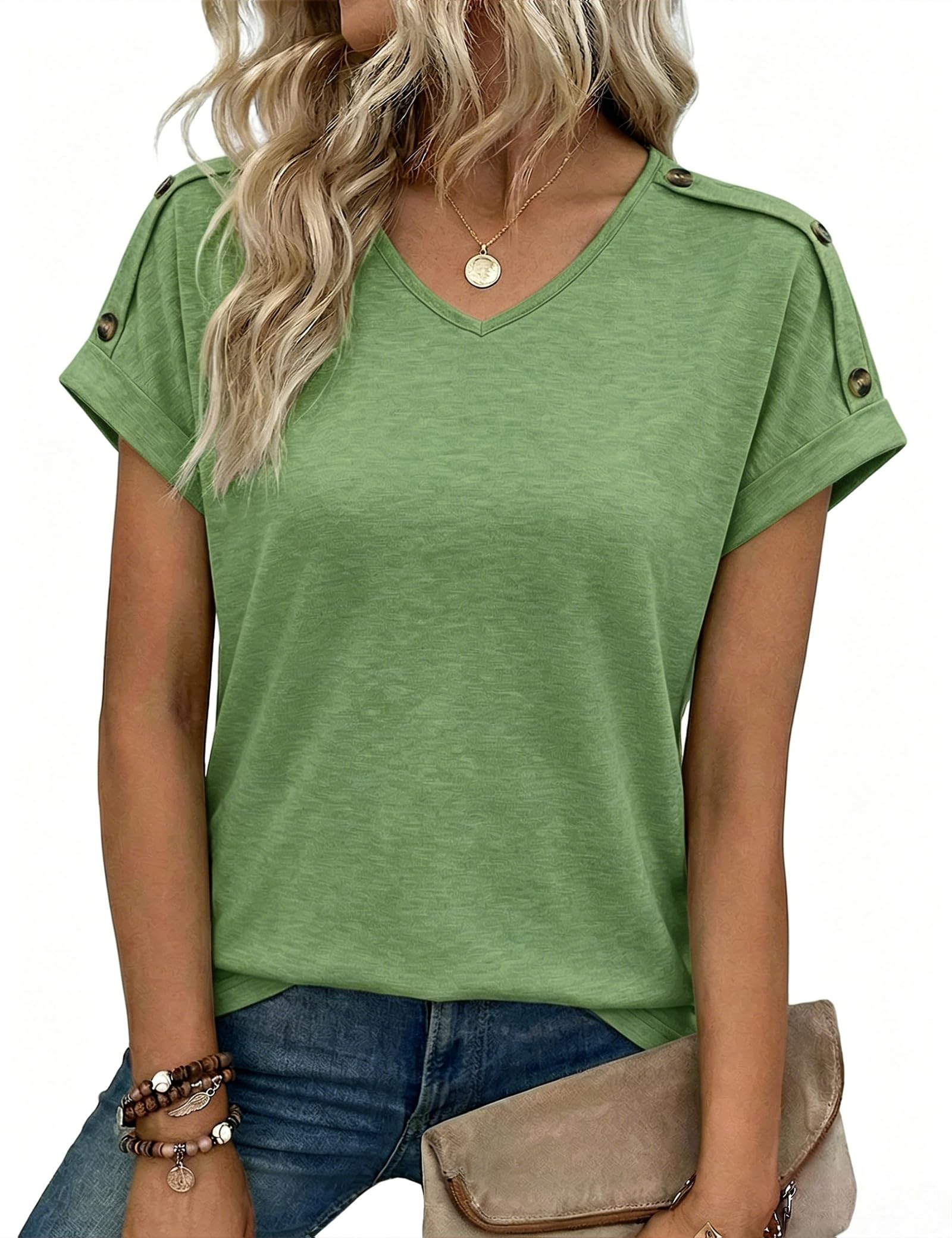 Totatuit Damen T-Shirt Kurzarm V-Ausschnitt Locker Sitzendes Oberteil | Damen Sommer Casual Blusen Leicht V Ausschnitt Lockerer Sitz Tunika Stil für Jeans Shorts Büro Urlaub