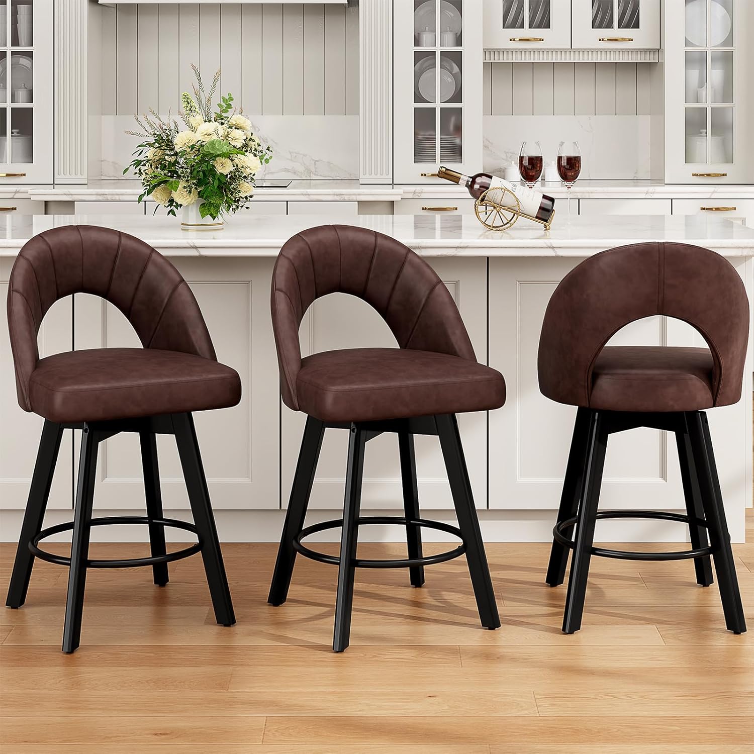 REONEY Bar Stools Set of 2, 24” Swivel Counter Height Barstool with PU Leather Upholstered Seat, Hollow Curved Back, Solid Wood Legs & Metal Footrest, Kitchen Island Chairs for Dining Room, Brown