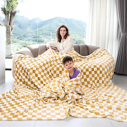 Miniatura 7 de Manta cálida suave y acogedora manta de forro polar a cuadros para sofá (enrejado amarillo, 60 x 80 pulgadas)