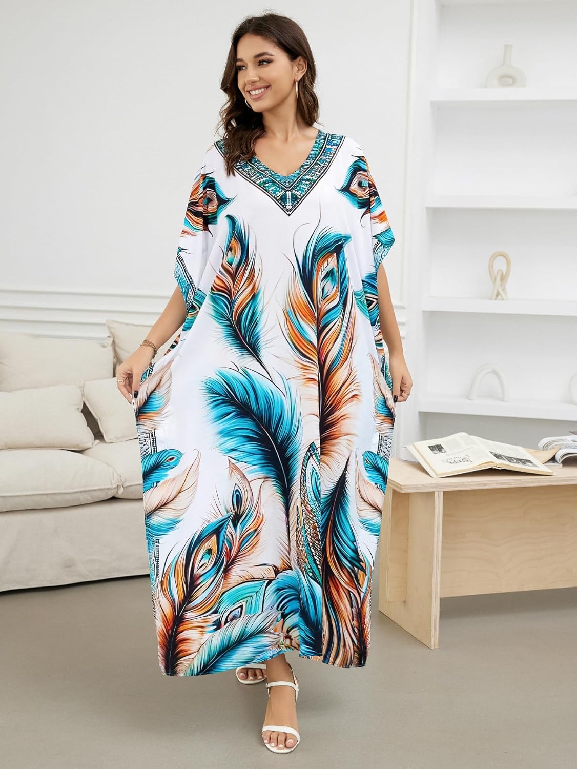 Women's Plus Size Loose Fit Moroccan Print V-Neck Batwing Kaftan Beach Dress Bathing Suit Cover Up - Image 8