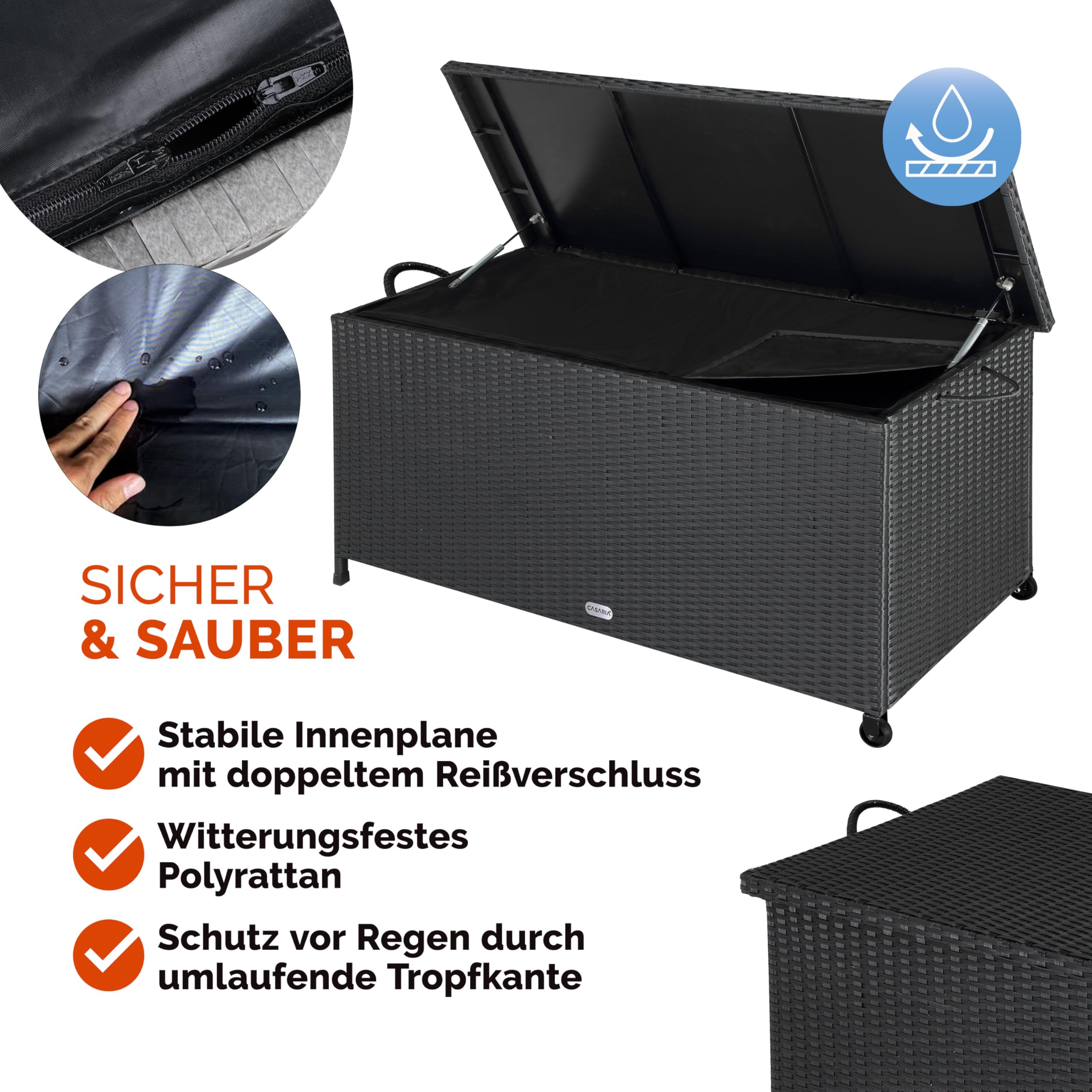 Casaria® Gartenbox Auflagenbox mit Rollen 270L Stauraum UV-beständig Handgriffe Gasdruckfeder Wetterfest 117x53cm Garten Aufbewahrungsbox Schwarz