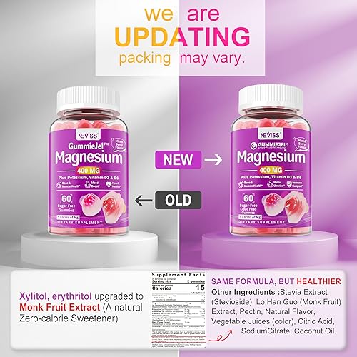 Miniatura 10 de Gomitas rellenas de magnesio y vitamina D3 sin azúcar, 400 mg  Magnesio absorbible taurato, glicinato, malato, citrato y cloruro  con citrato de