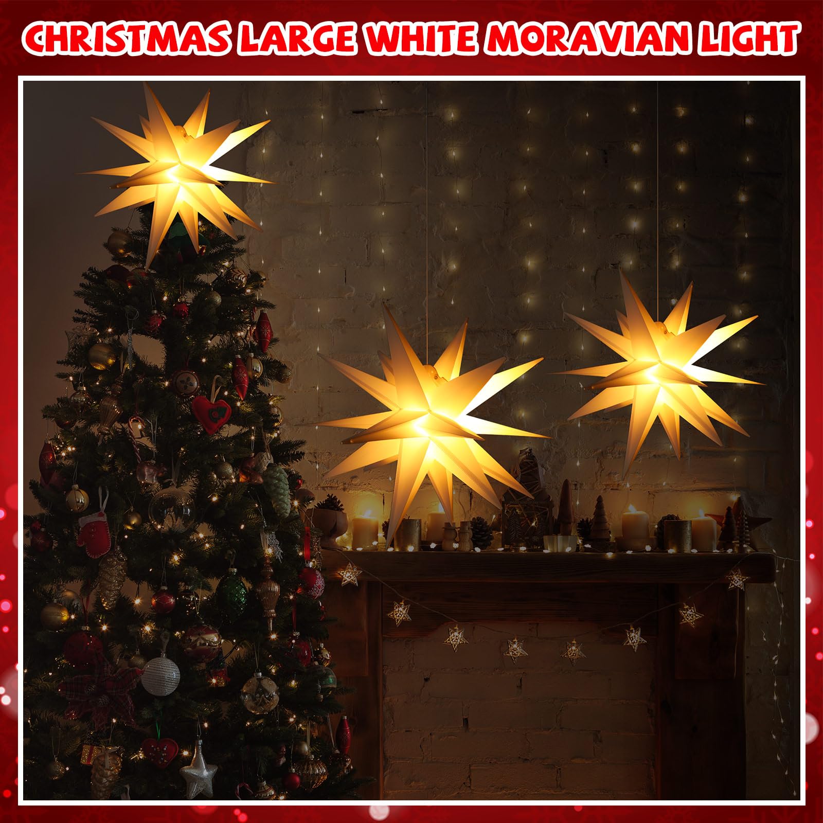 Baquler 2 luces LED grandes de estrella morava blanca de 23 pulgadas, luz LED de estrella de Navidad 3D, decoración de estrella colgante para decoración de árbol de Navidad, vacaciones, porche,