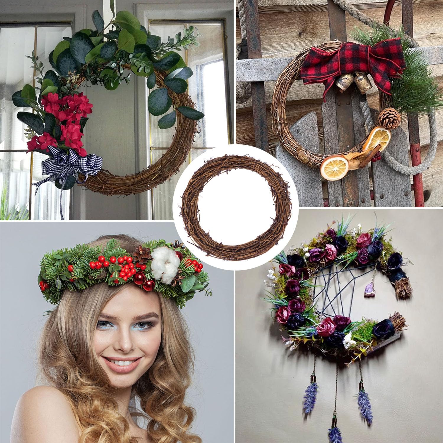 7 PCS 12 Inch Natural Grapevine Wreaths, Round Rattan Wreath Grapevines Wreath Bulk, Grape Vine Wreaths for DIY Crafts, Festival, Christmas, Wedding, Restaurant & Home Decoration