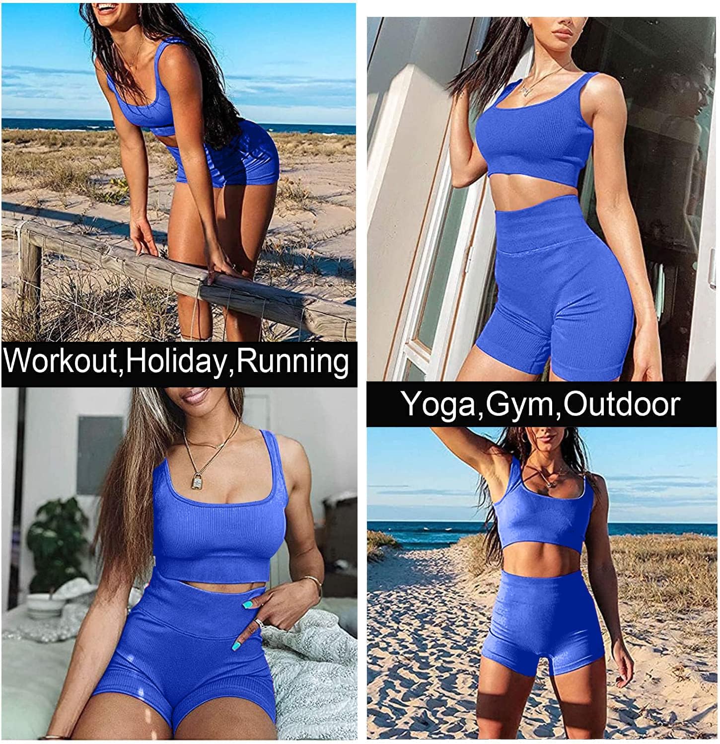 TWFRHC Women's Workout Sets Ribbed Tank 2 Piece Seamless High Waist Gym Outfit Yoga Shorts Sets - Image 4