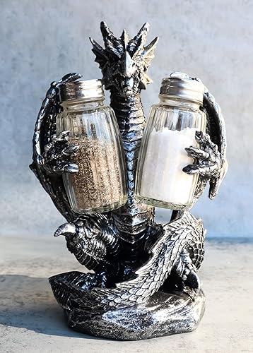Miniatura 7 de Ebros Gift Juego de salero y pimentero gótico medieval, color negro, semimetálico, negro, estatua de 7.75 pulgadas de alto, figura de dragón de