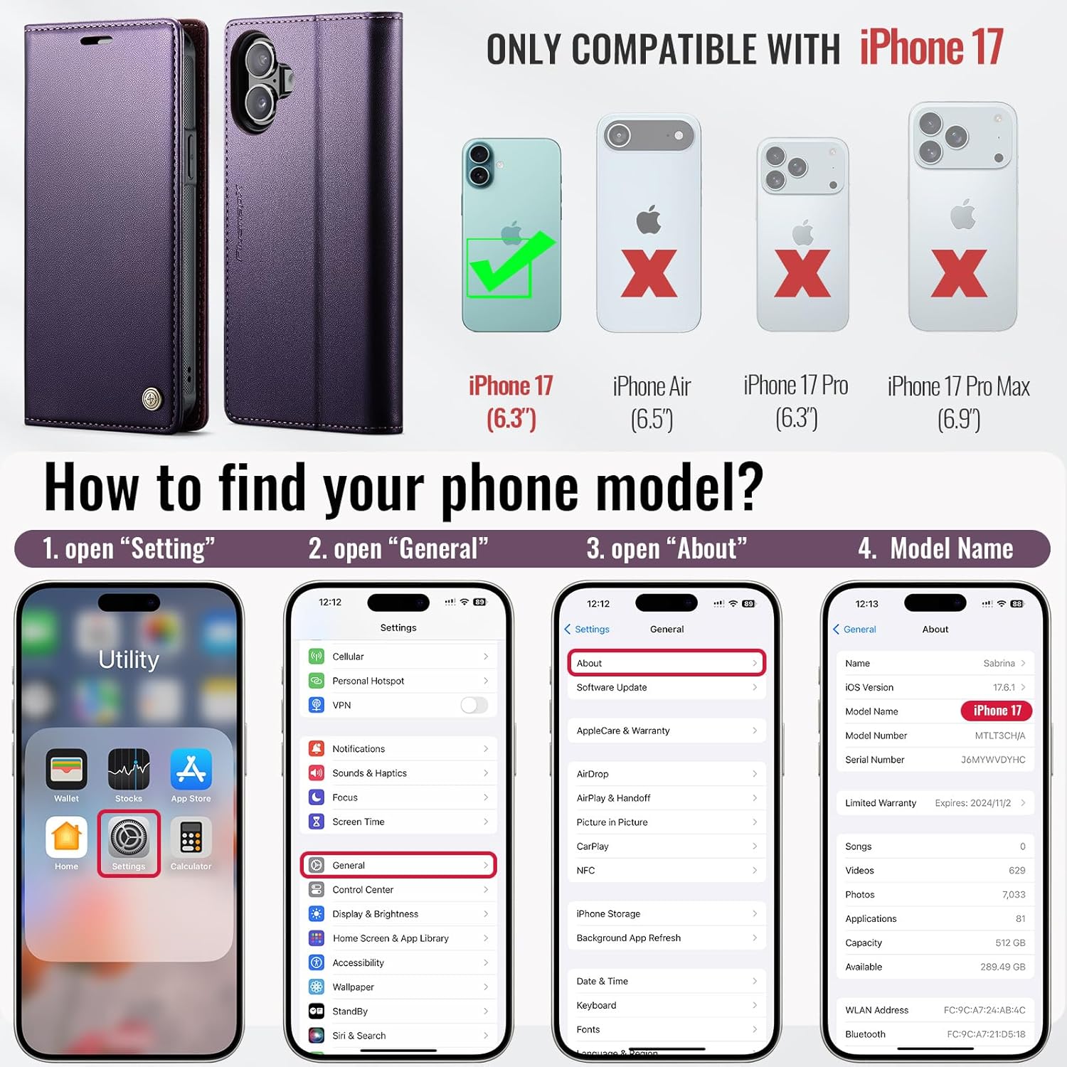 Wallet Case for iPhone 17 Compatible with Magsafe, 2-in-1 PU Leather Flip RFID Blocking Card Holder Stand Shockproof Magnetic Detachable Cover for iPhone 17 Case 6.3", Fashion Purple - Image 7