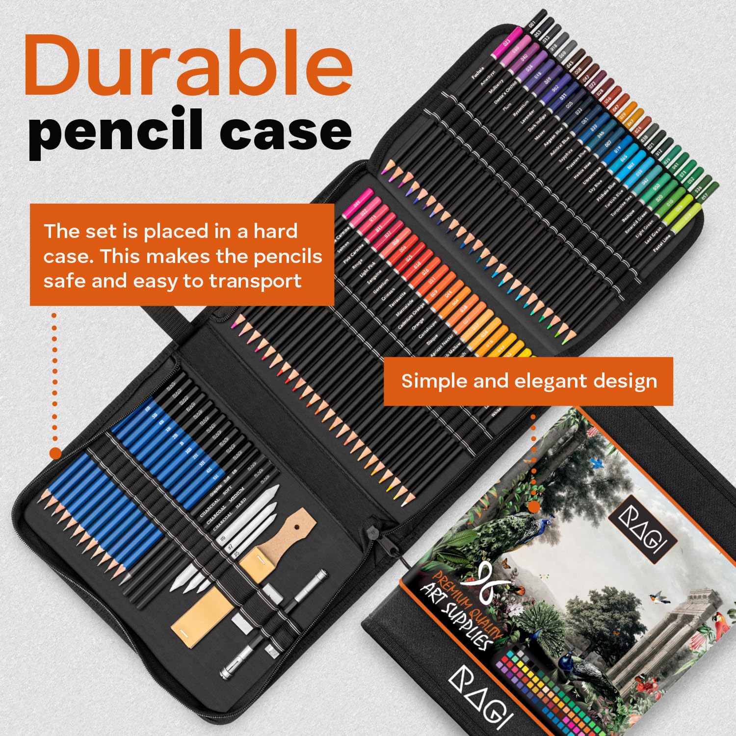Ensemble de crayons et crayons professionnels - 96 pièces - Outils de dessin et de croquis pour adultes - Trousse noire avec accessoires de qualité supérieure, crayons crayon avec beaucoup de pigment
