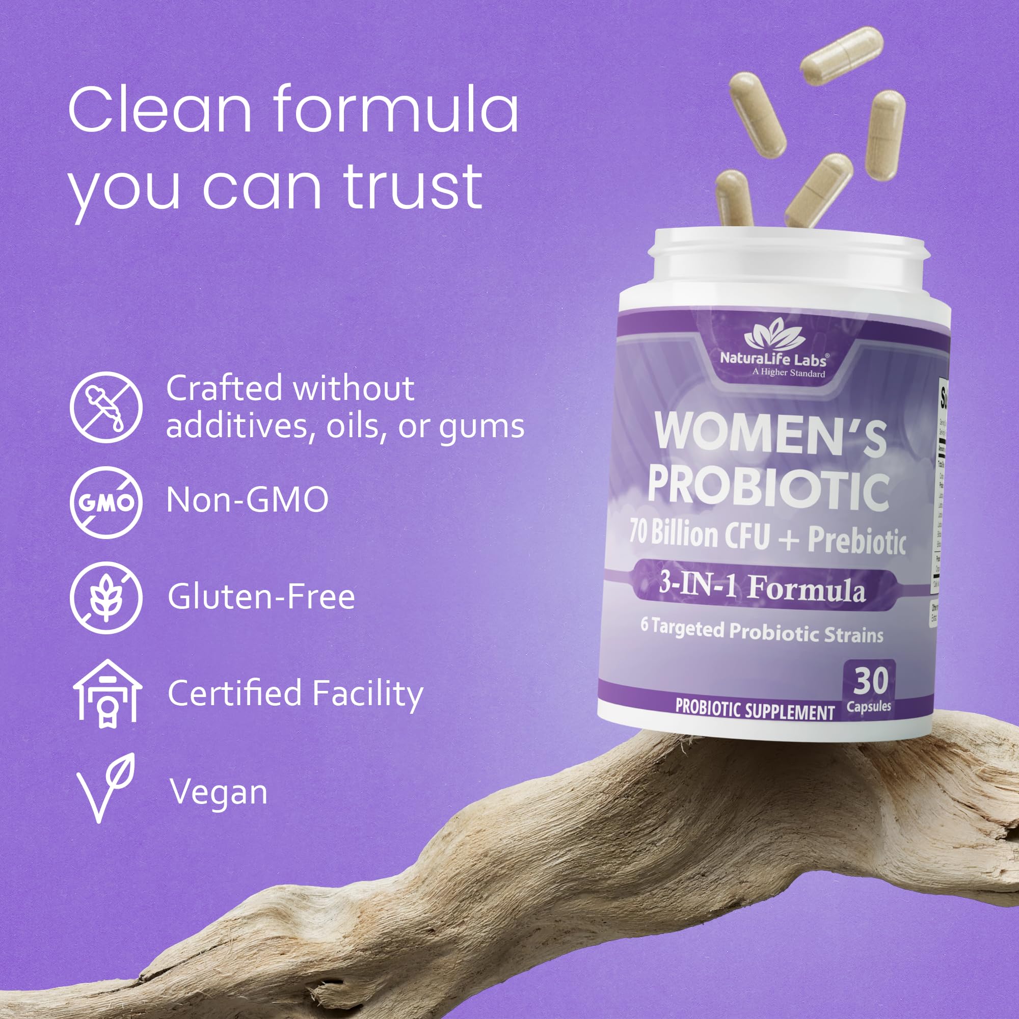 NaturaLife Labs Women's Probiotic 70 Billion CFU with Prebiotic Fiber - 3-in-1 - Supports PH Balance & Digestive Health - 6 Targeted Strains - Delayed Release - Shelf Stable - 30 Capsules — Amazon image 6