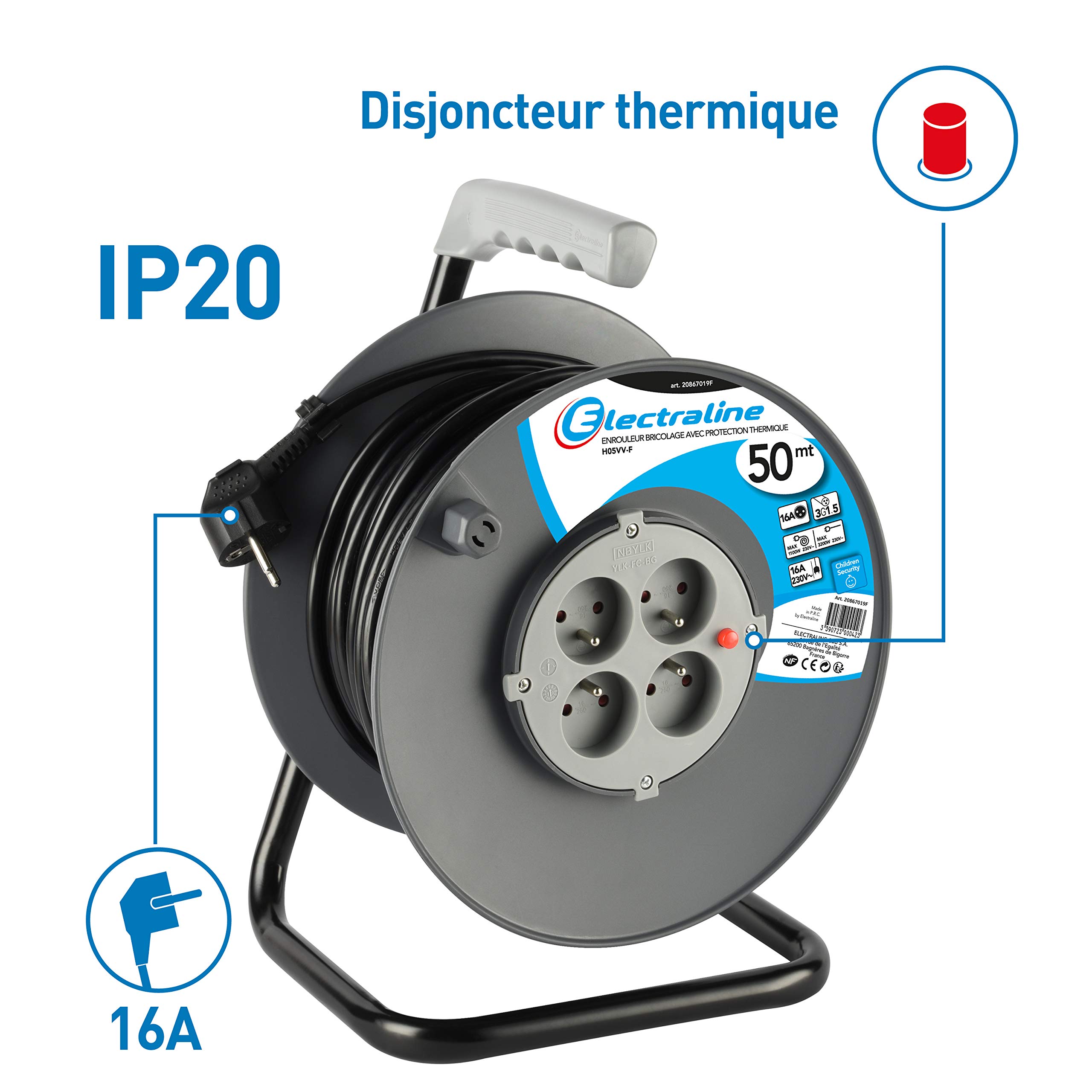 Electraline 20867019F Rallonge Prolongateur électrique 50 m avec enrouleur 4 Prises 16 A section 3G1,5 mm² Gris & Zenitech Prolongateur 16A 2P+T HO5VV-F 3G1,5mm² Noir 10m