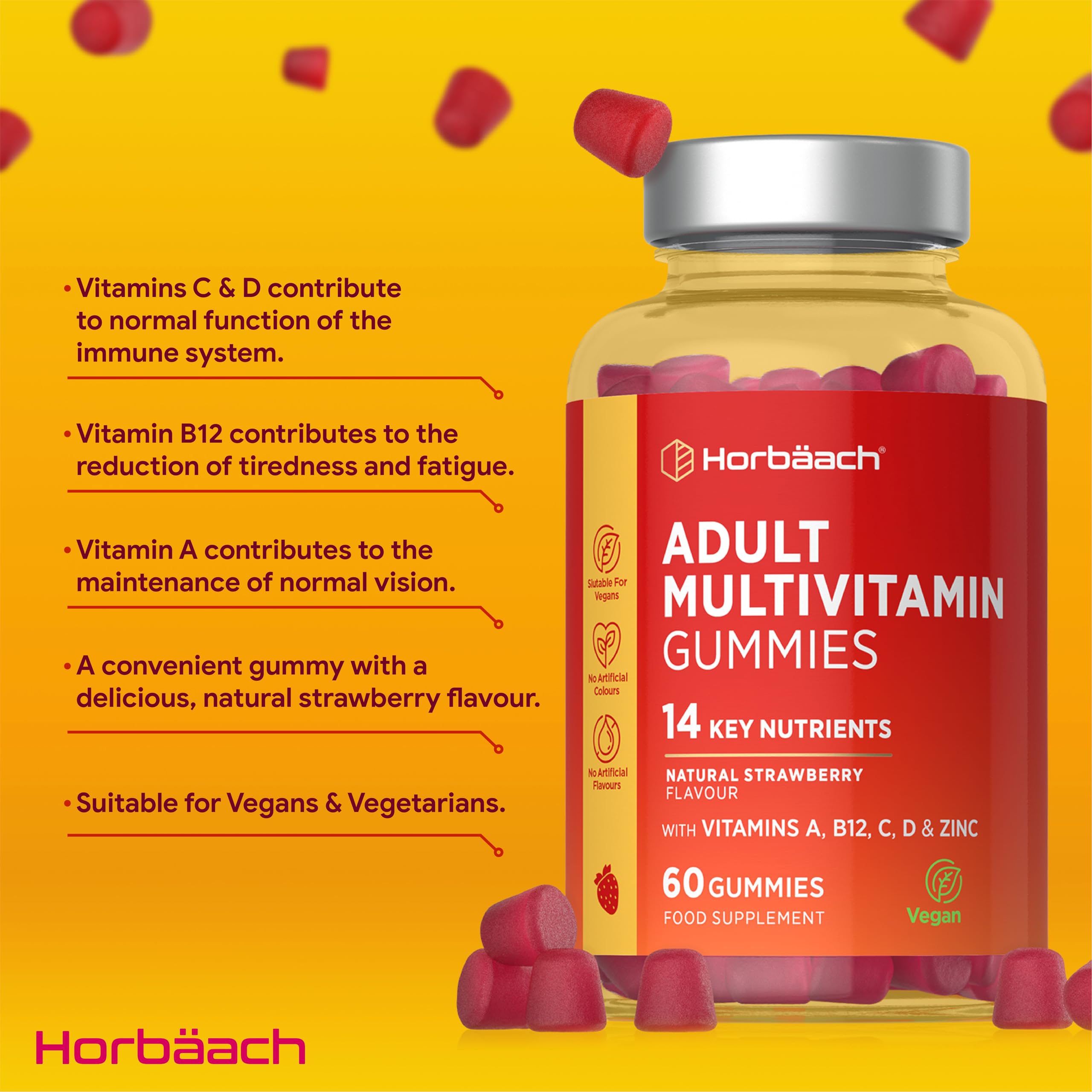 Adult Multivitamin Gummies | 60 Count | 14 Essential Nutrients With Vitamins A, B12, C, D, & Zinc | Natural Strawberry Flavour | Vegan Supplement For Men & Women | By Horbaach