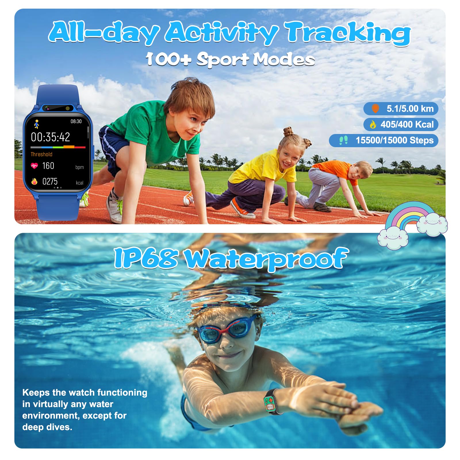 Smart Watch for Kids, 1.85" Fitness Tracker with Heart Rate, Sleep Monitor, IP68 Waterproof Smartwatches with Video Camera Music Player, Pedometer, Game, SOS Button, NO APP/Phone, Gift for Boys Girls.