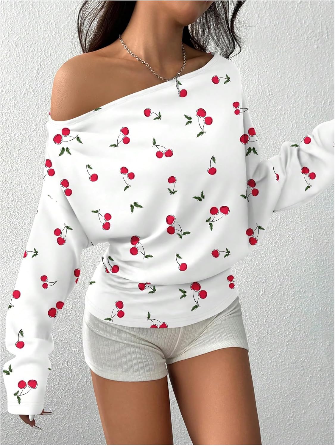 SOLY HUX Women's Cherry Graphic Sweatshirt Off the Shoulder Long Sleeve Cute Fall Pullover Tops - Image 3