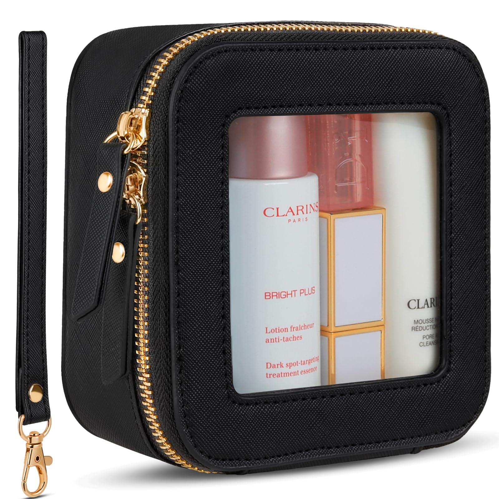 XUGUXA Clear Makeup Bag | Mini Makeup Bag | Small Makeup Bag/Small Cosmetic Bag for Purse | Cute Leather Makeup Pouch | Purse Organizer | Car Travel Purse Essentials for Women Gift (Black Mini)