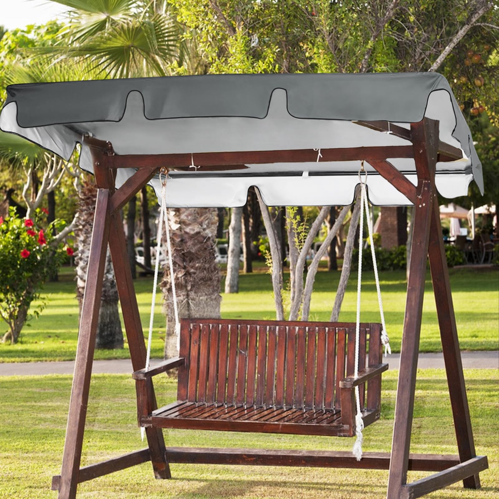 Vaskula Toile de Rechange pour Balancelle 210 x 145 x 18cm Gris épreuve étanche et UV Toit de Balancelle Swing de Jardin Toile 3 Places Protection Contre Le Vent Imperméable