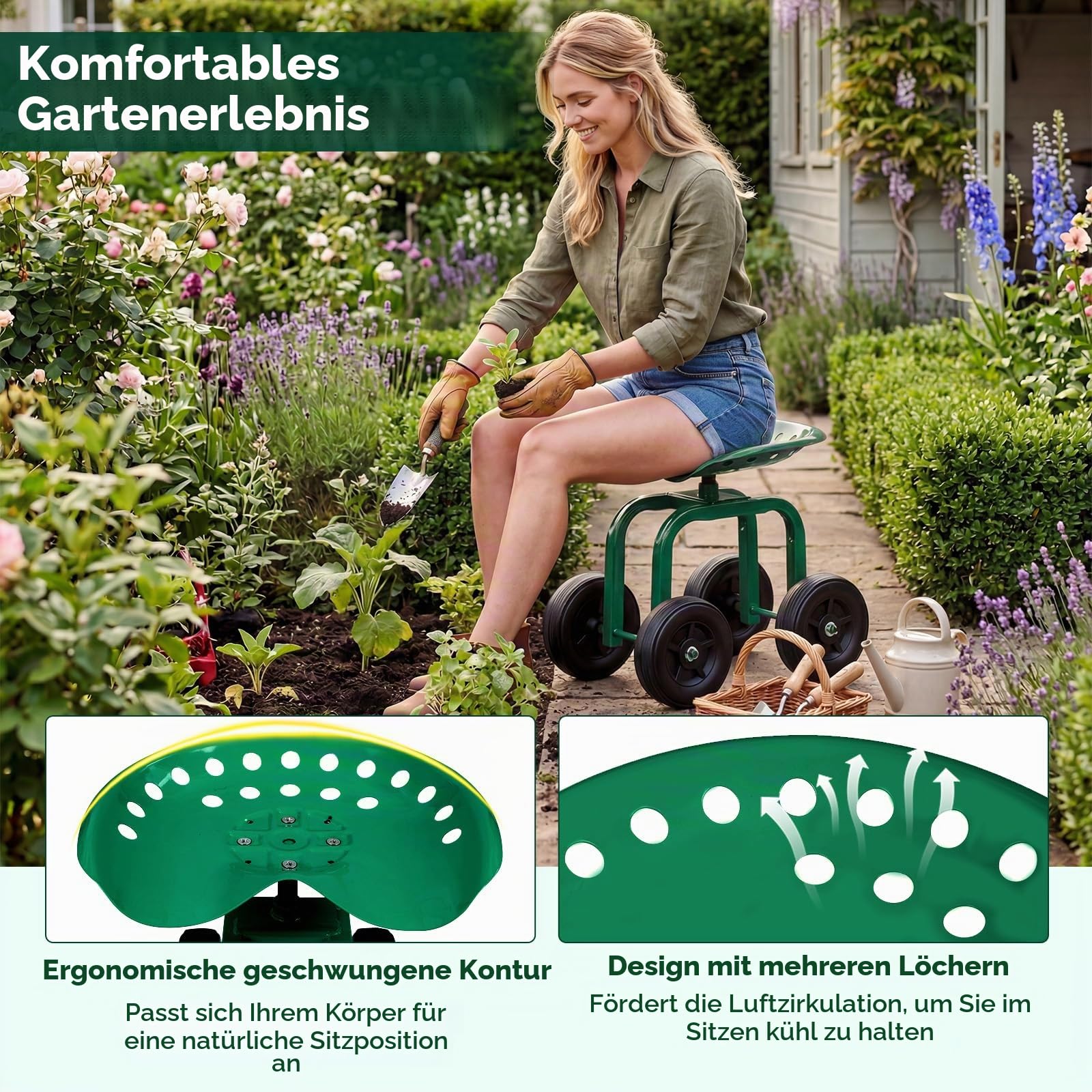 SOARS Rollsitz für Gartenarbeit, Gartensitz 360°drehbar & höhenverstellbar 40-50cm, Arbeitssitz bis 150 kg belastbar, Gartenrollsitz mit breiter Sitzfläche, für Gartenarbeit & Autopflege
