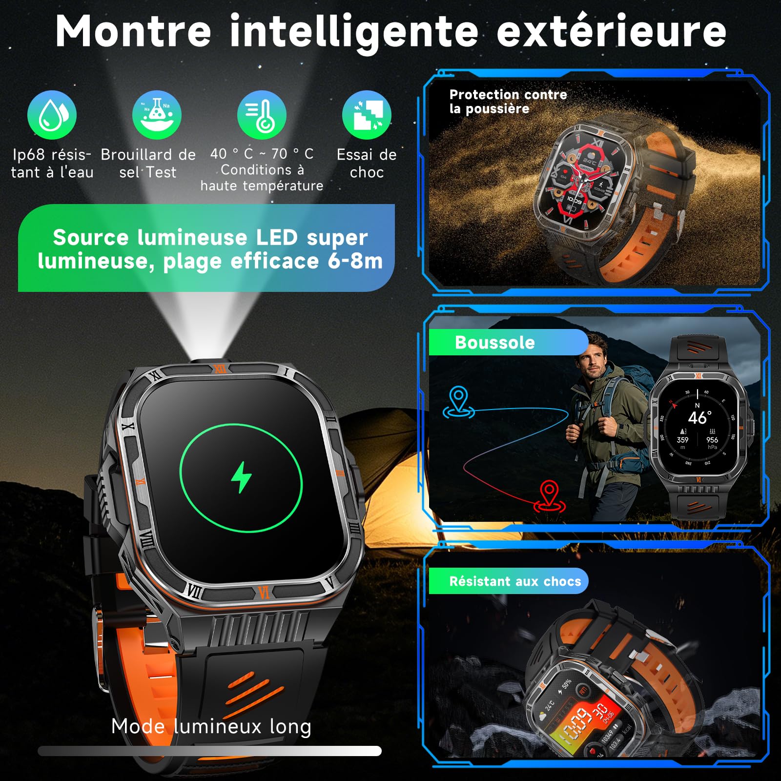 YUPENG Montre Connectée Homme Militaire avec AI-GPT, IP68 pour Android/iOS | 2.01" HD Écran/1100 mAh Batterie/LED Lampe/Boussole/Appels Bluetooth, 24H Fréquence Cardiaque/Suivi du Sommeil/SpO2