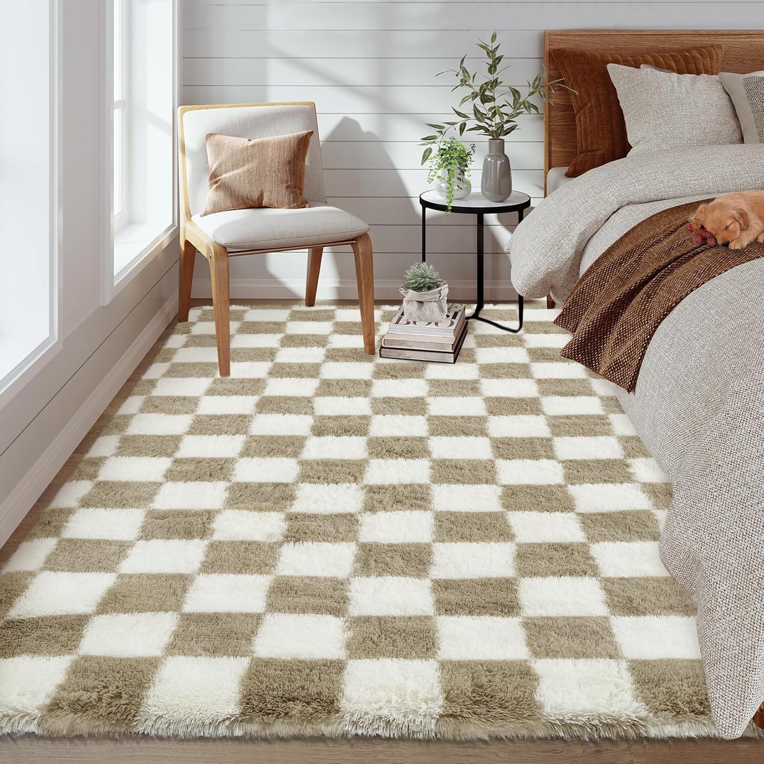 Garvee Checkered Area Rug 9x12 Large Rug Thick Super Soft Shaggy Rugs Fluffy Carpet Fluffy Fuzzy Shag Washable Rugs for Living Room Nursery Bedroom Luxury Playroom Teen Plush Carpets,Taupe-White