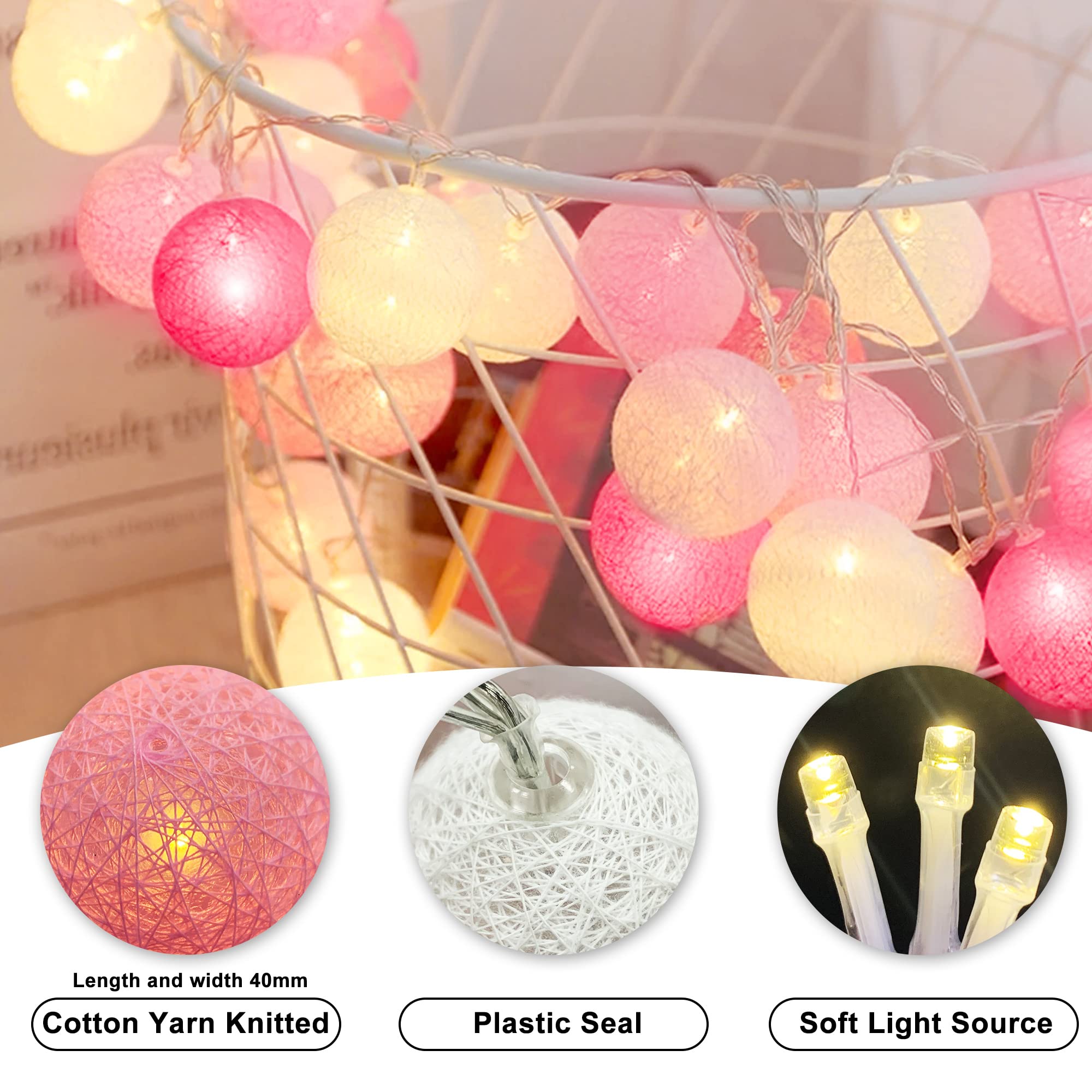 Talking Tables Witte en roze pompon lichtketting, led-batterij, aangedreven voor woondecoratie, verjaardagsfeest, feest, meisjes, slaapkamer