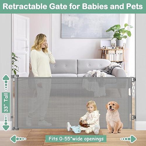 Miniatura 2 de Puerta retráctil de 55 pulgadas para perros al aire libre, de malla resistente a los arañazos, para escaleras, puertas retráctiles para bebés, para