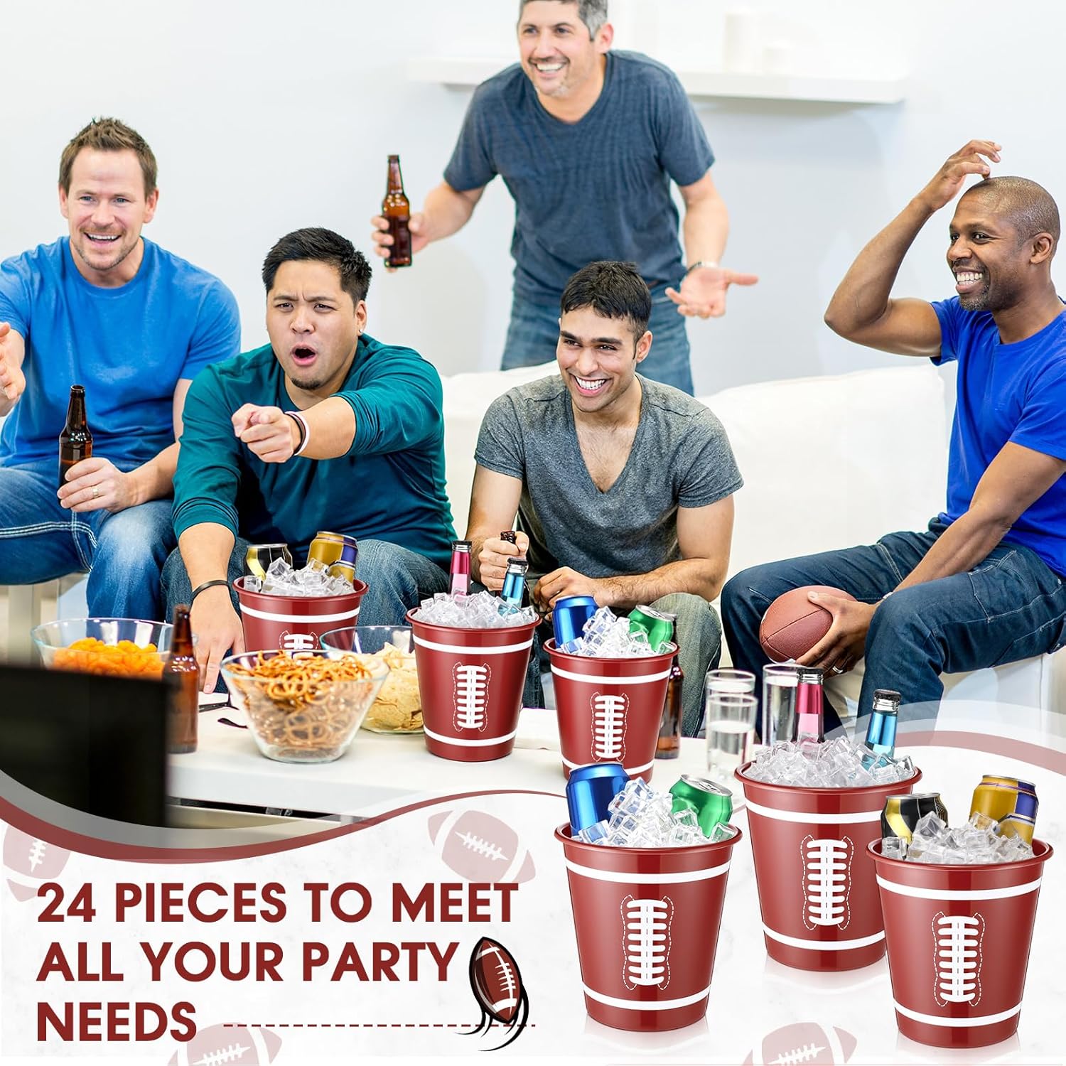 Layhit 24 Packs Football Plastic Ice Buckets for Parties 101 oz/ 3 L Wine Bucket Portable Ice Holder Disposable Wine Cooler for Football Party Beverage Beer