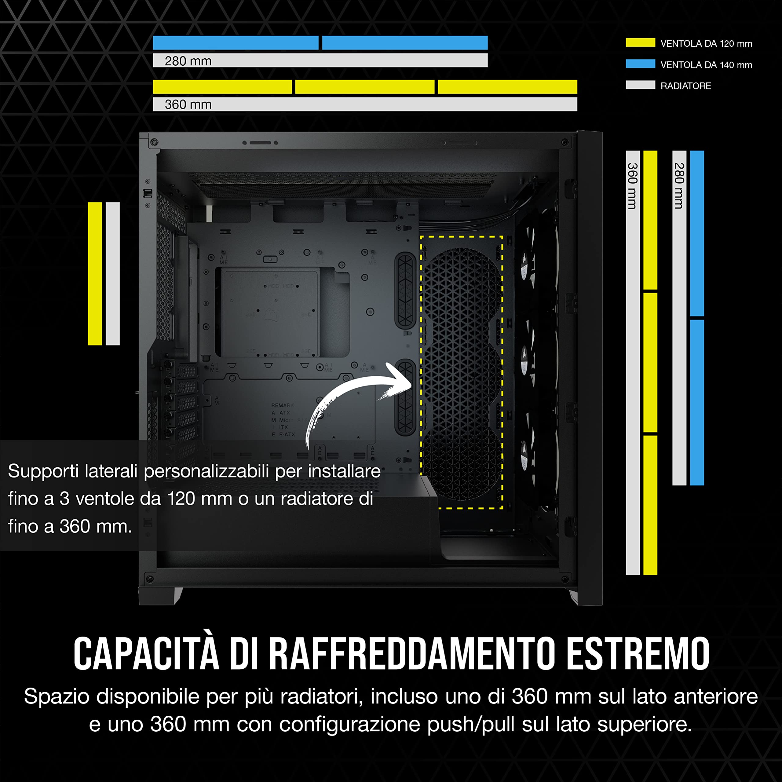 Corsair iCUE 5000X RGB Case ATX Mid-Tower, Quattro Pannelli in Vetro Temperato, Sistema di Gestione dei cavi Corsair RapidRoute, Tre Ventole RGB da 120 mm Incluse, Nero