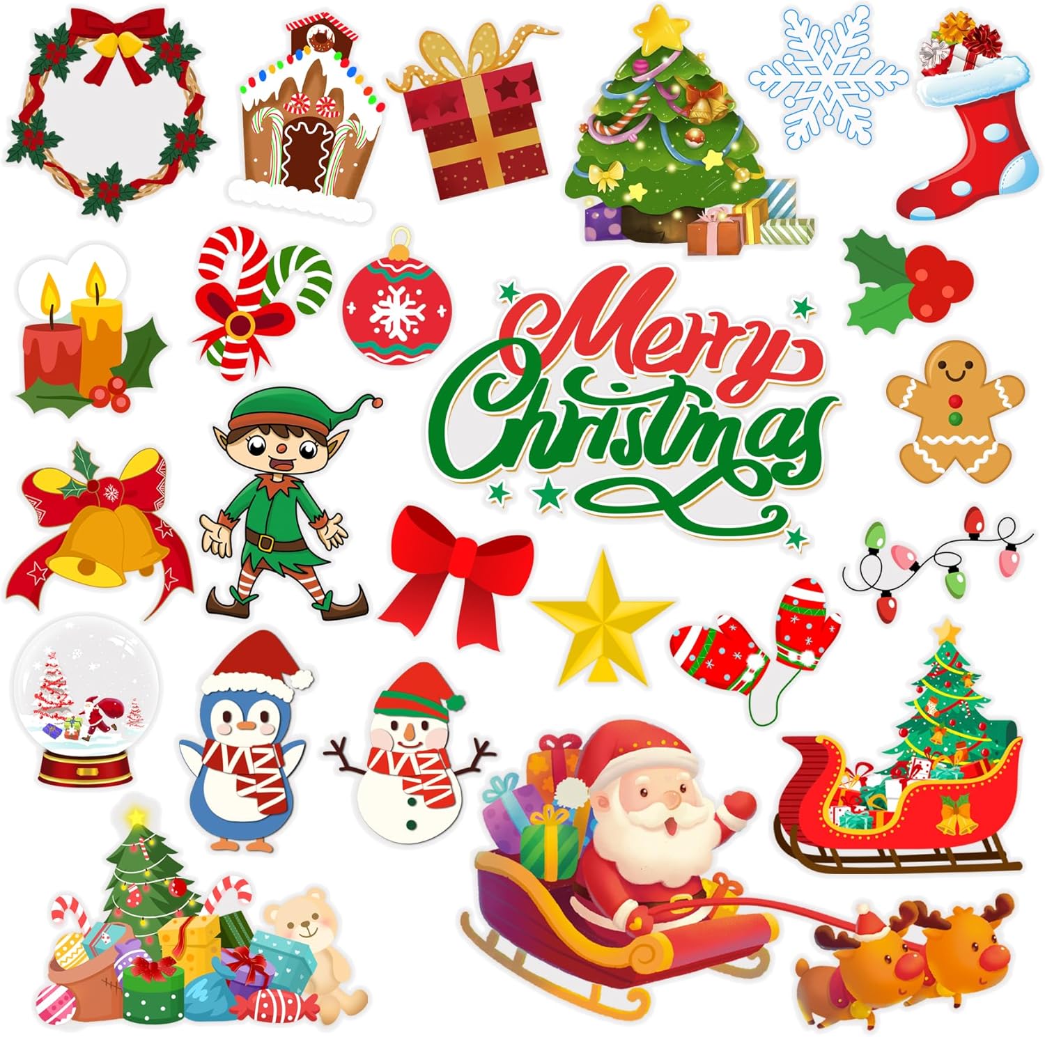 Merry Christmas Thick Gel Clings Window Decals 24Pcs