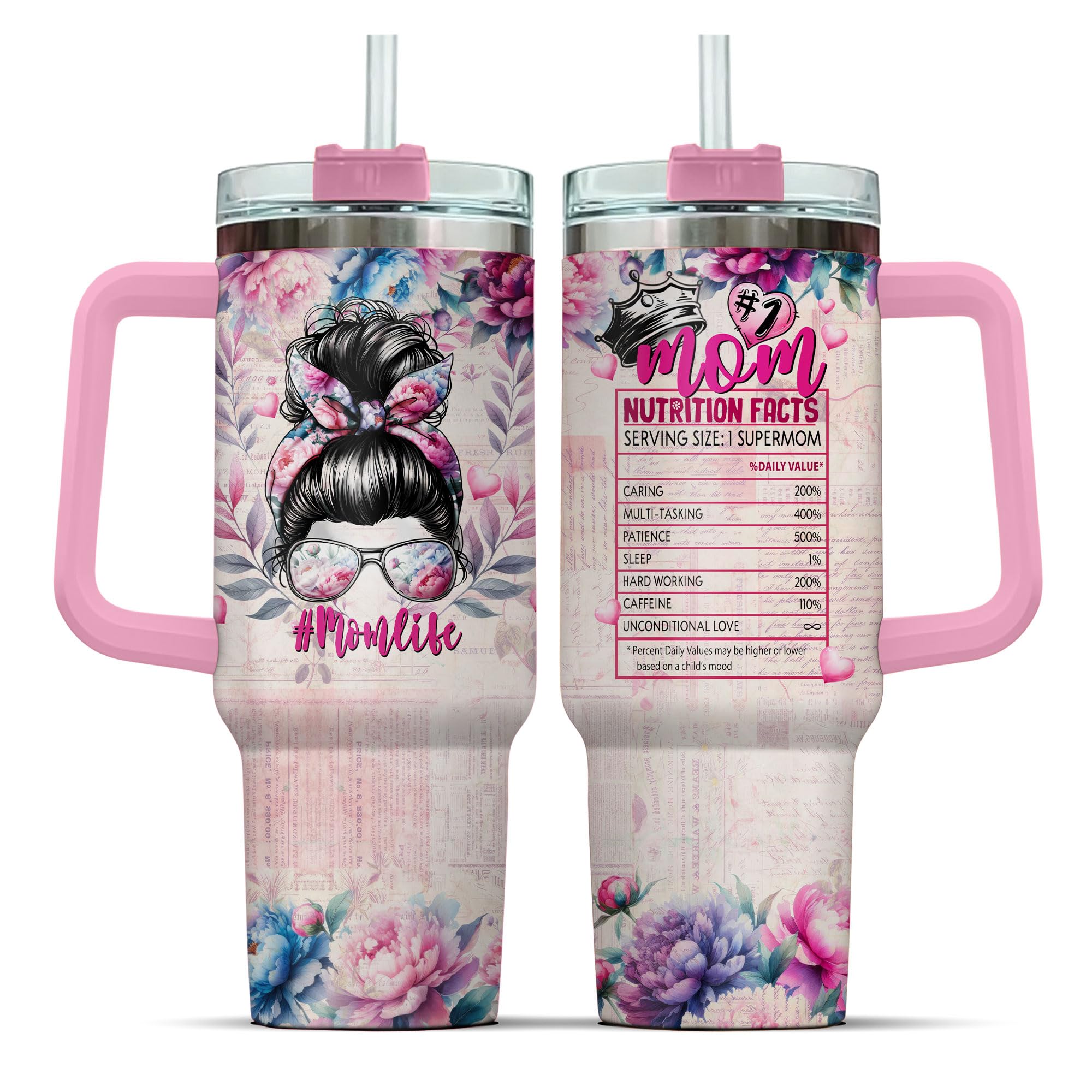 99WHALE To Rose Handle Parade For Steel Flower Mommy Eleven Momma Mama Funny, Mom Gifts, Mom Life Messy Bun Floral Nutrition Facts, Tumbler 40 Oz With