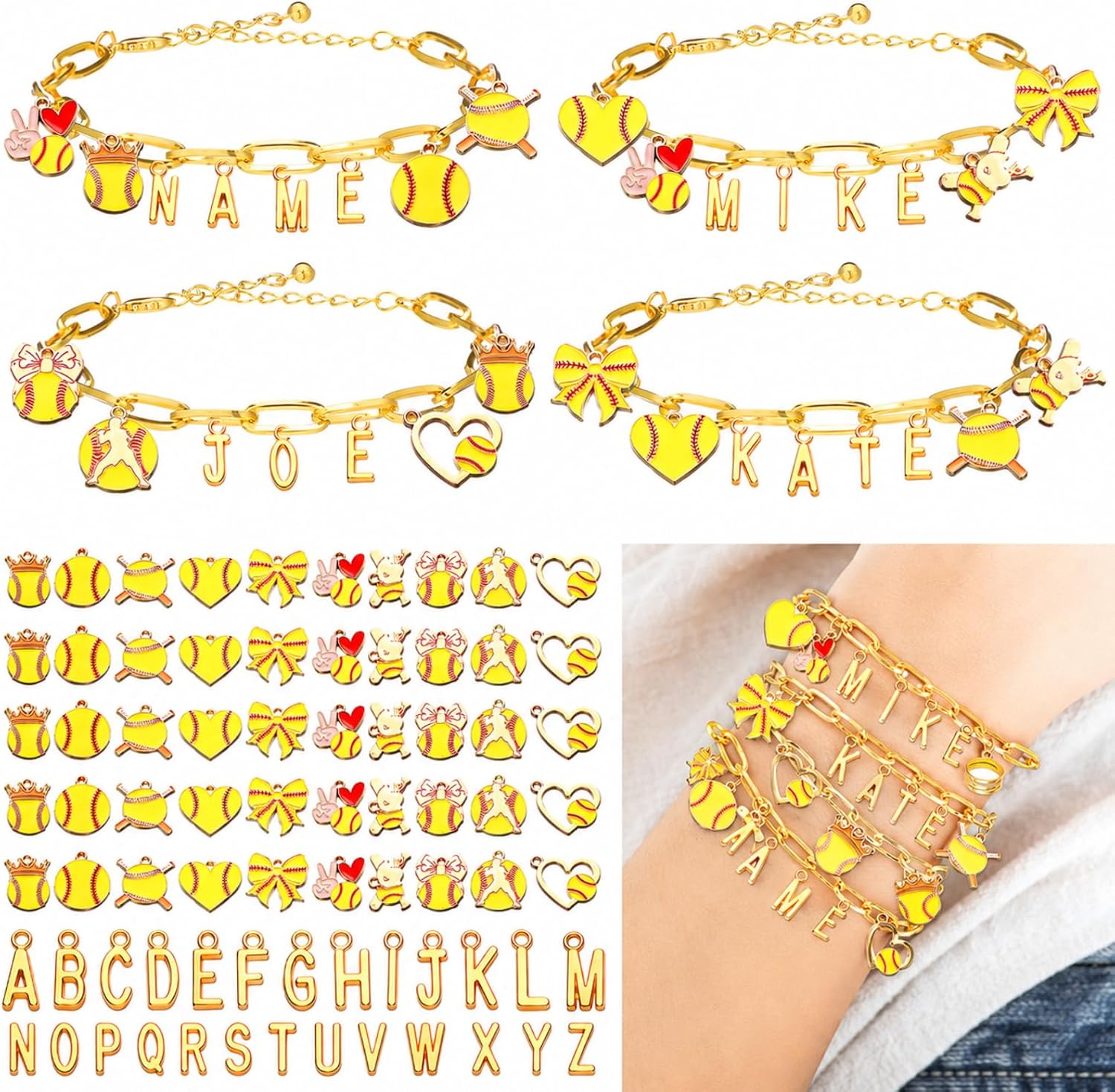 Kigeli 394 Pcs Softball Baseball Charms Bracelets Making Kit Sports Bracelets for Women DIY Name Football Soccer Jewelry Craft Adjustable Gold Letter Charm for Sport Team Gift(Softball,Yellow)