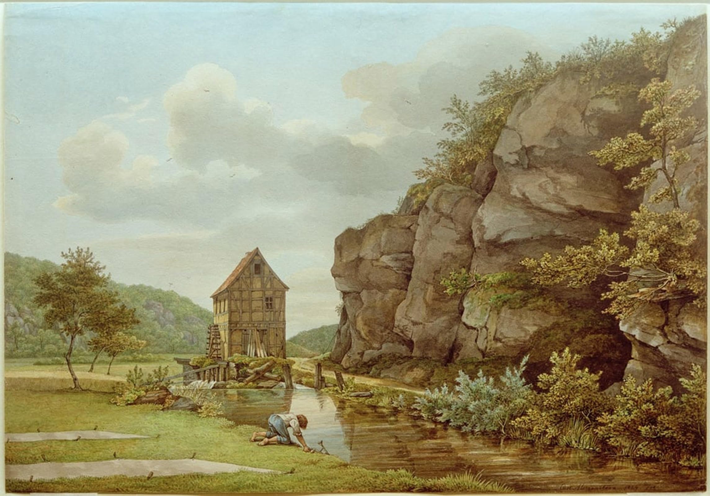 POSTERIIk Vintage Classic Picture Landscape Artwork Cutting Mill Near Eppstein by Carl Morgenstern Portrait Canvas Painting for Office Home Decor 60x90cm