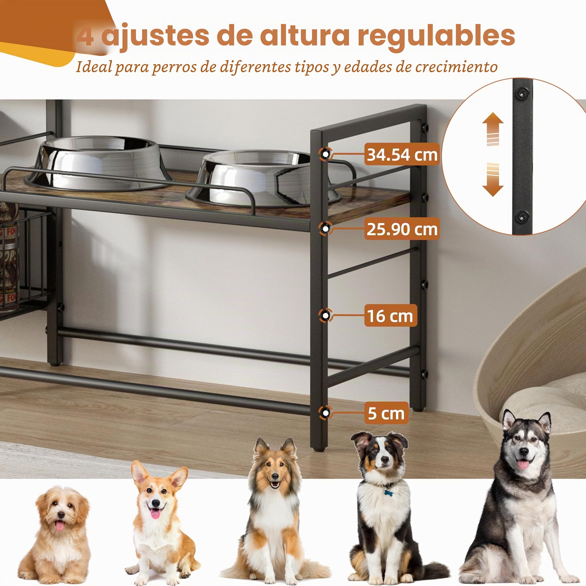 Comedero Elevado para Perros con Cesta de Juguetes, Bebedero y Armario para Mascotas - Para Perros Pequeños, Medianos y Grandes