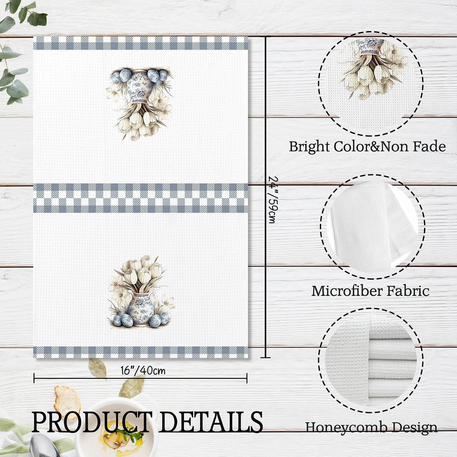 Voatok Chinoiserie Floral Easter Bunny Eggs Kitchen Towels Set of 2, Bunny Gifts for Women, Easter Hand Towels, Blue and White Grandmillennial Rabbit Dish Tea Towel for Kitchen, 16x24 Inches